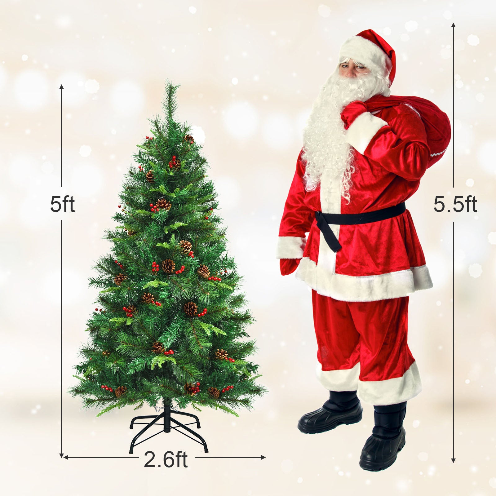 5 Feet Pre-lit Artificial Hinged Christmas Tree with LED Lights-5 ft