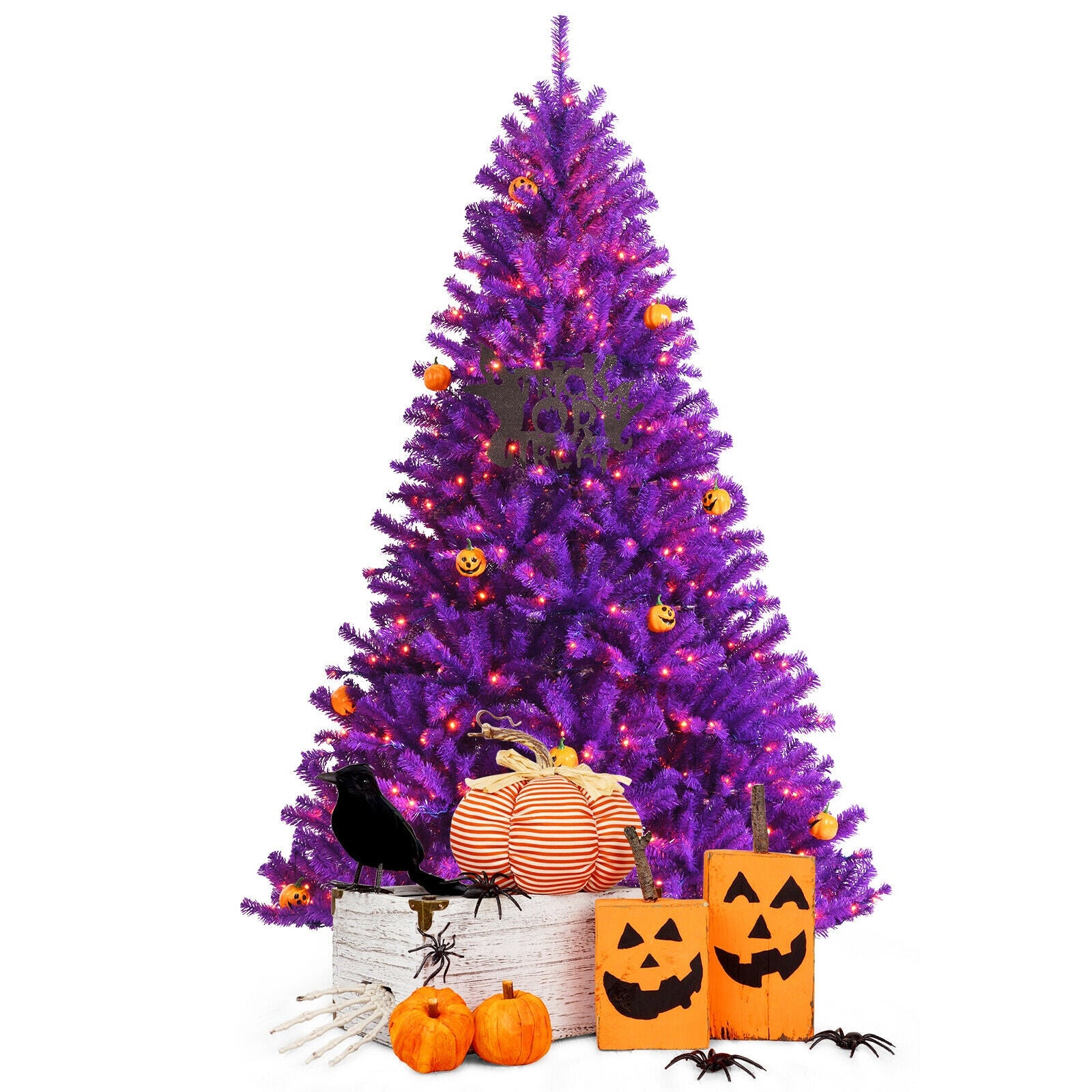 Artificial Prelit Purple Halloween Tree with Orange Lights and Pumpkin Ornaments-7'