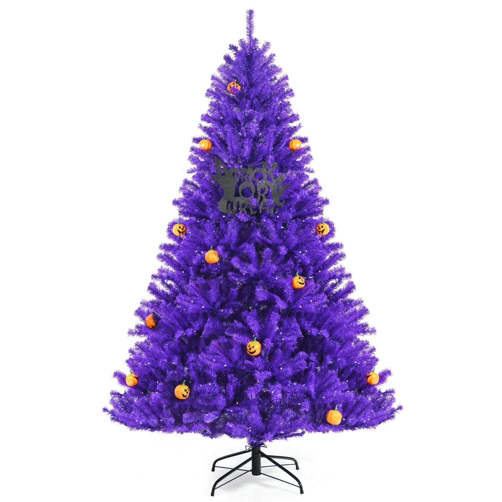 Artificial Prelit Purple Halloween Tree with Orange Lights and Pumpkin Ornaments-7'