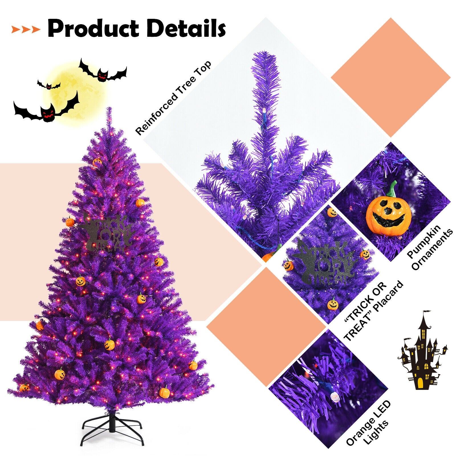 Artificial Prelit Purple Halloween Tree with Orange Lights and Pumpkin Ornaments-7'