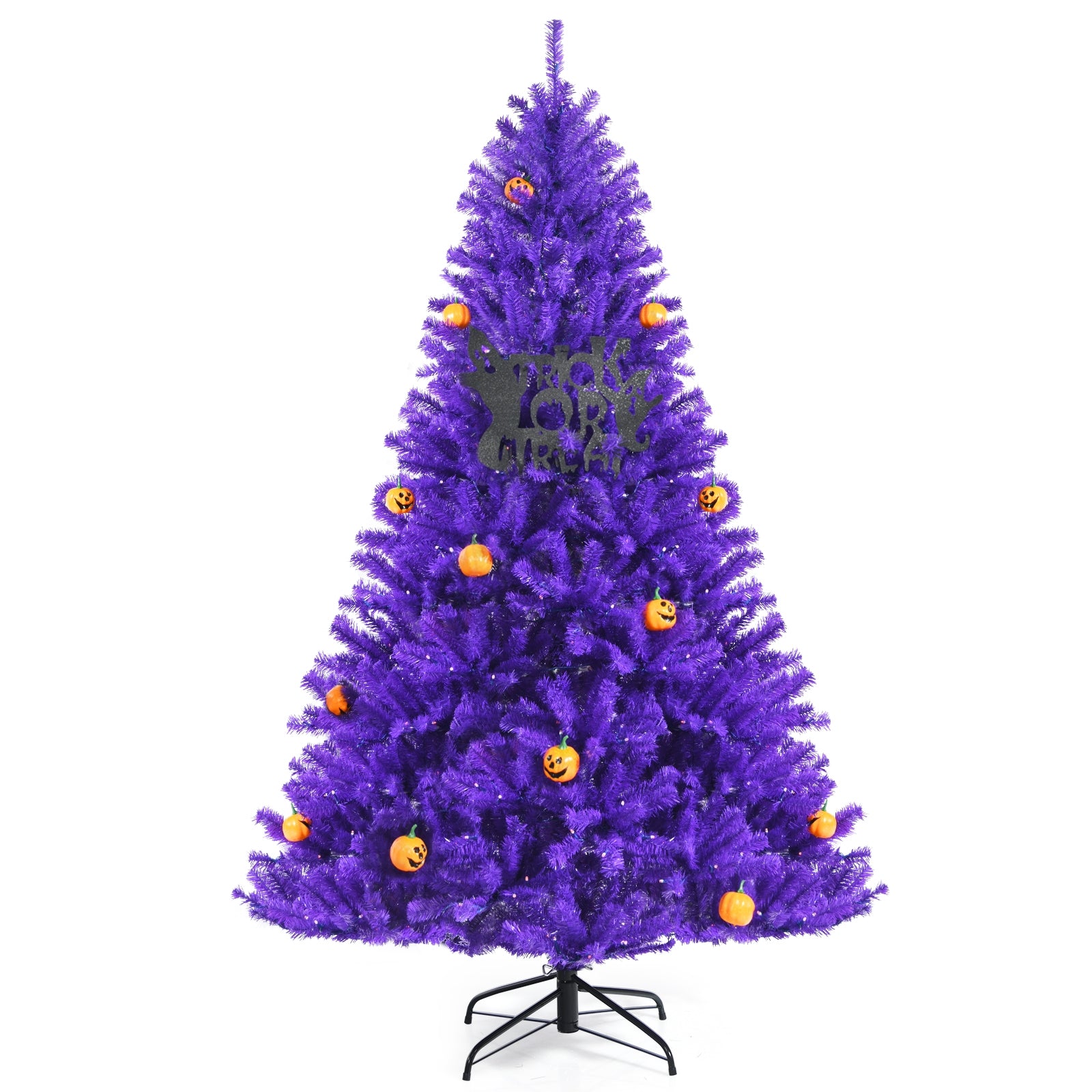 Artificial Prelit Purple Halloween Tree with Orange Lights and Pumpkin Ornaments-6'