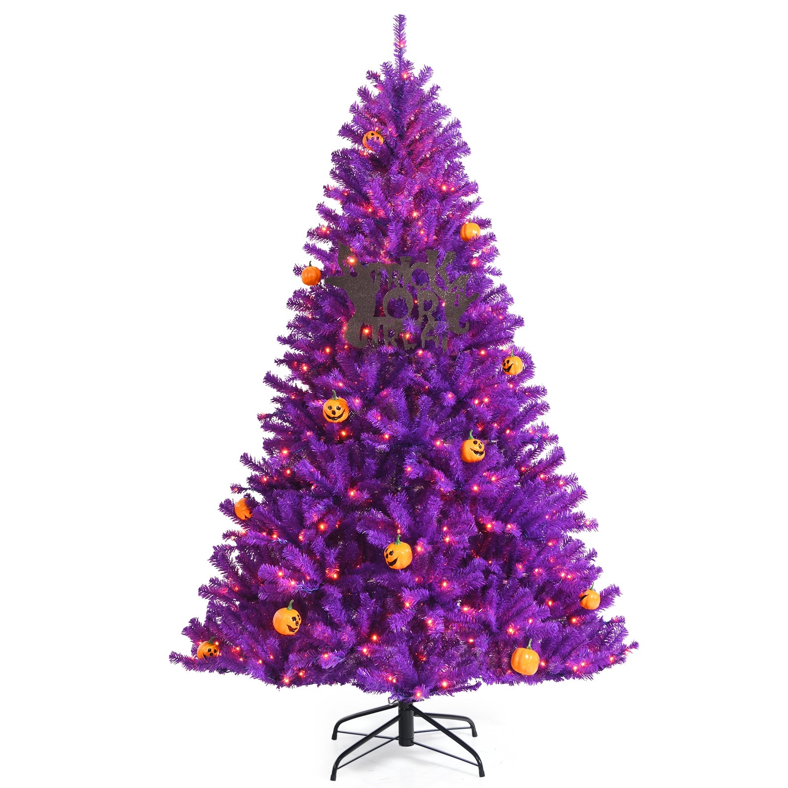 Artificial Prelit Purple Halloween Tree with Orange Lights and Pumpkin Ornaments-6'