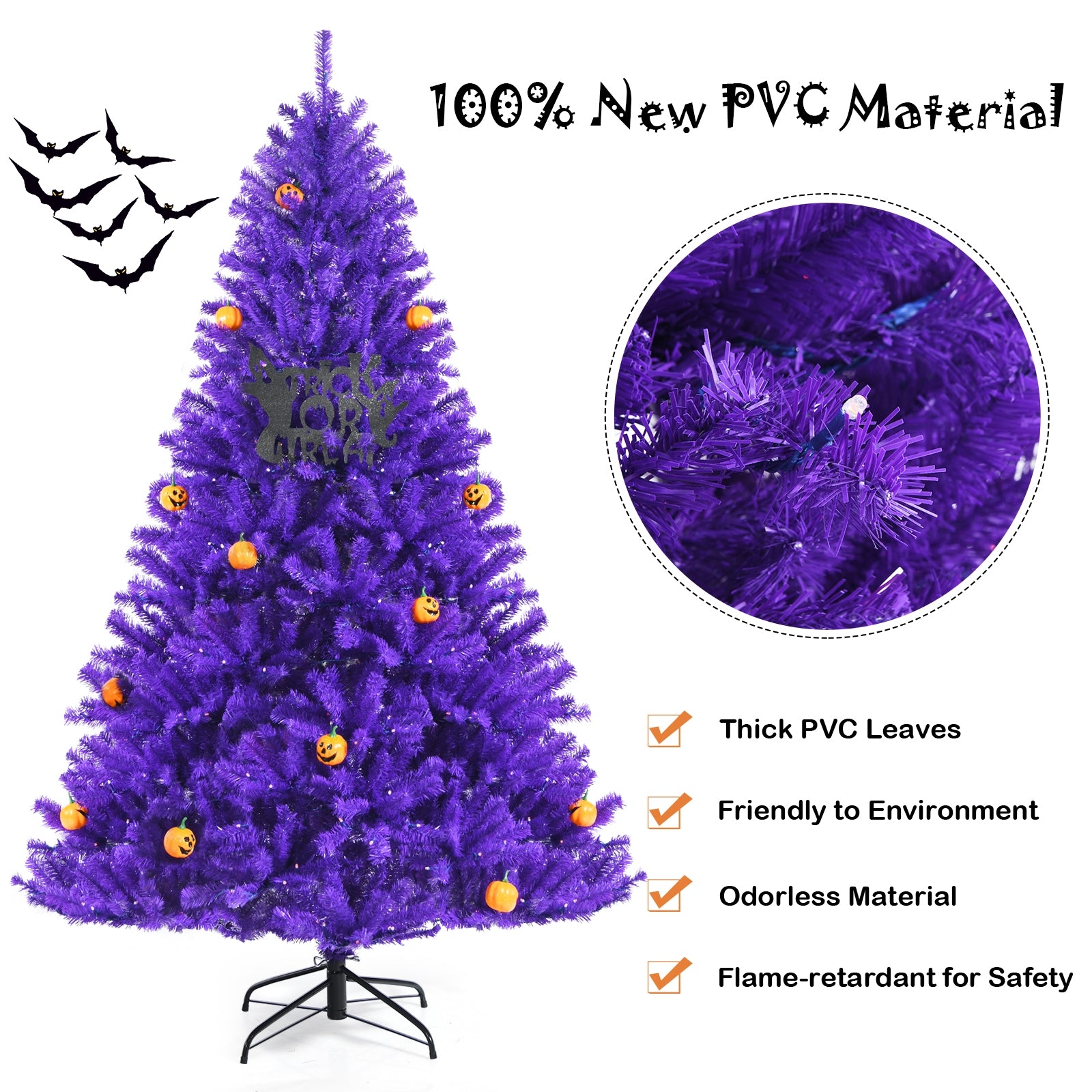 Artificial Prelit Purple Halloween Tree with Orange Lights and Pumpkin Ornaments-6'