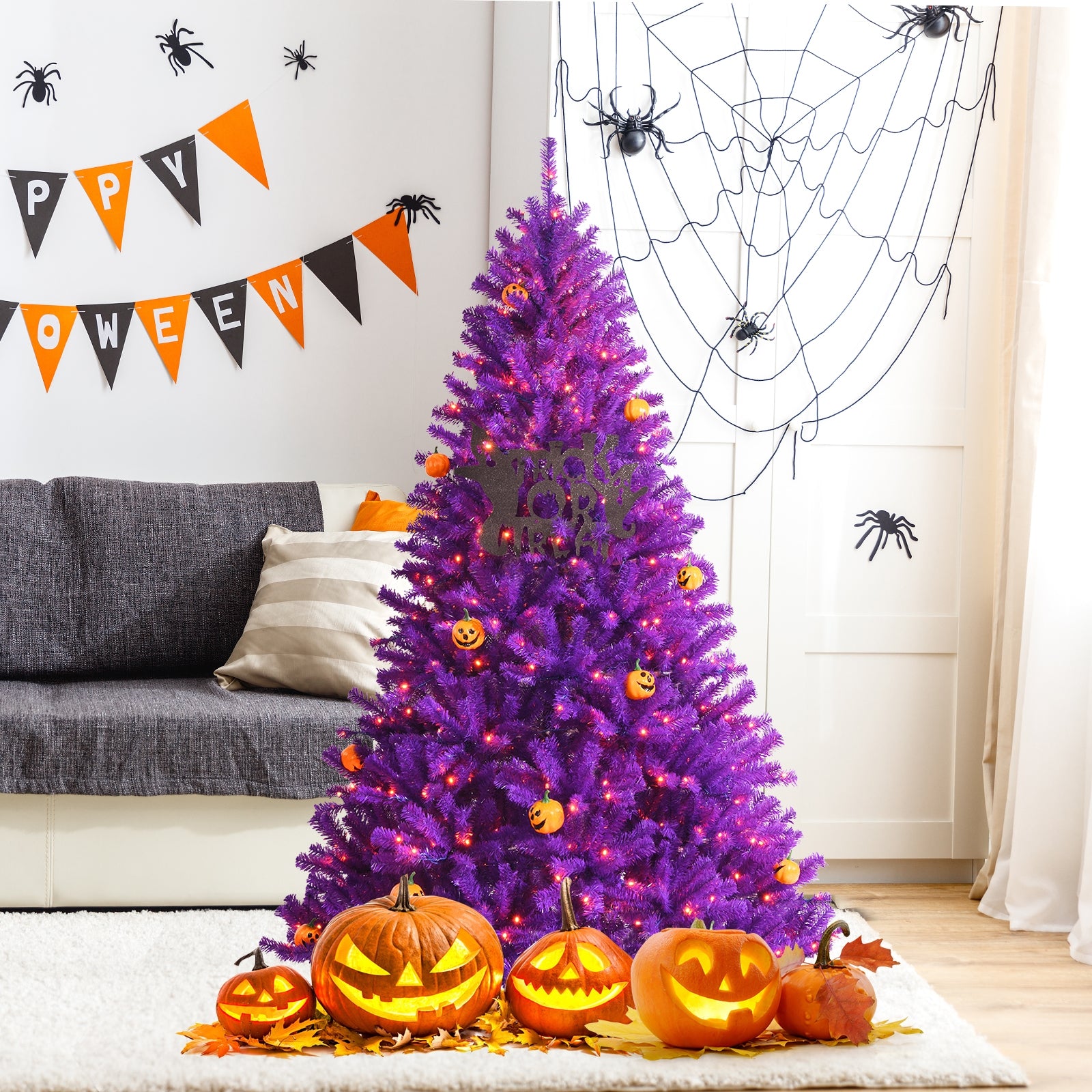 Artificial Prelit Purple Halloween Tree with Orange Lights and Pumpkin Ornaments-6'