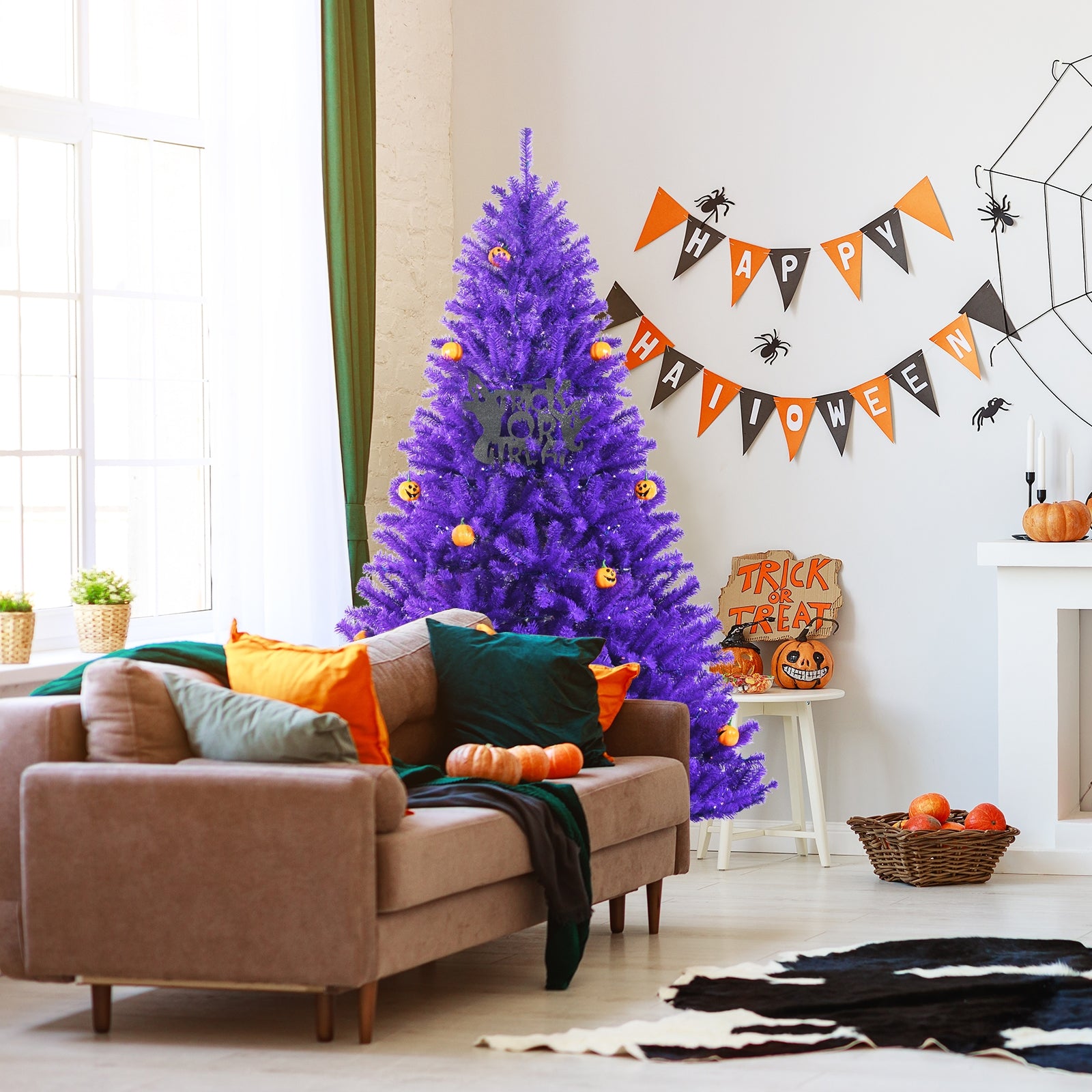 Artificial Prelit Purple Halloween Tree with Orange Lights and Pumpkin Ornaments-6'