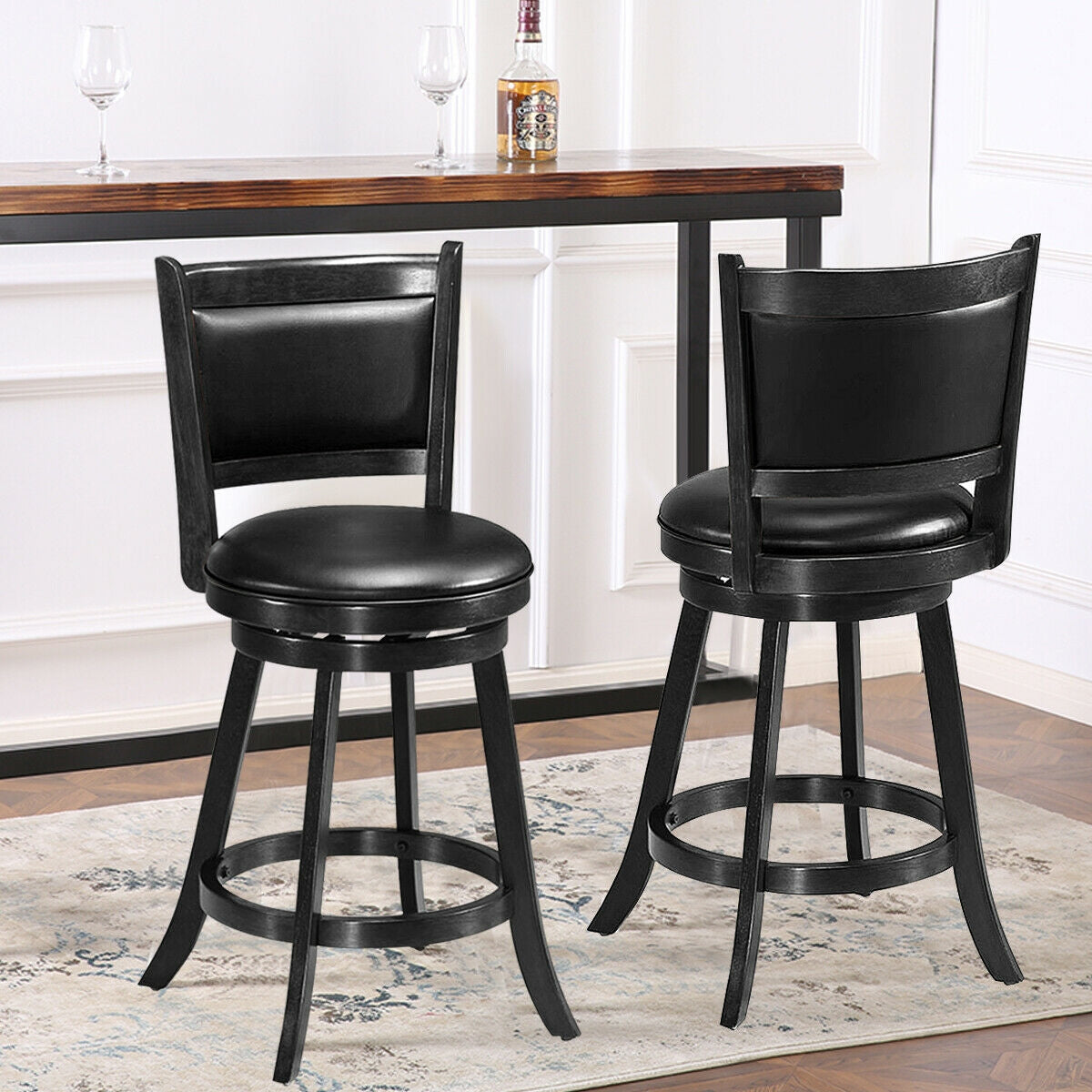 2 Pieces 24 Inch Swivel Counter Stool Dining Chair Upholstered Seat-Black