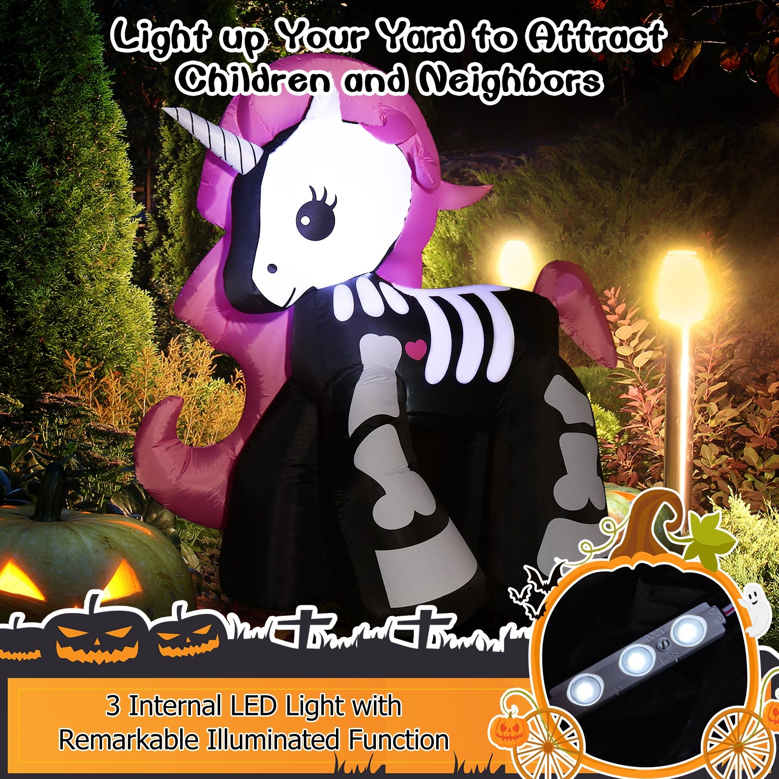 5.5 Feet Halloween Inflatables Skeleton Unicorn with Built-in LED Lights