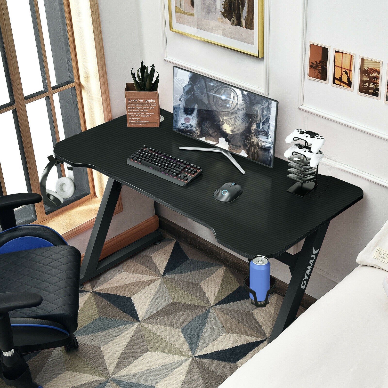 Gaming Desk Z-Shaped Computer Office Table with Gaming Handle Rack