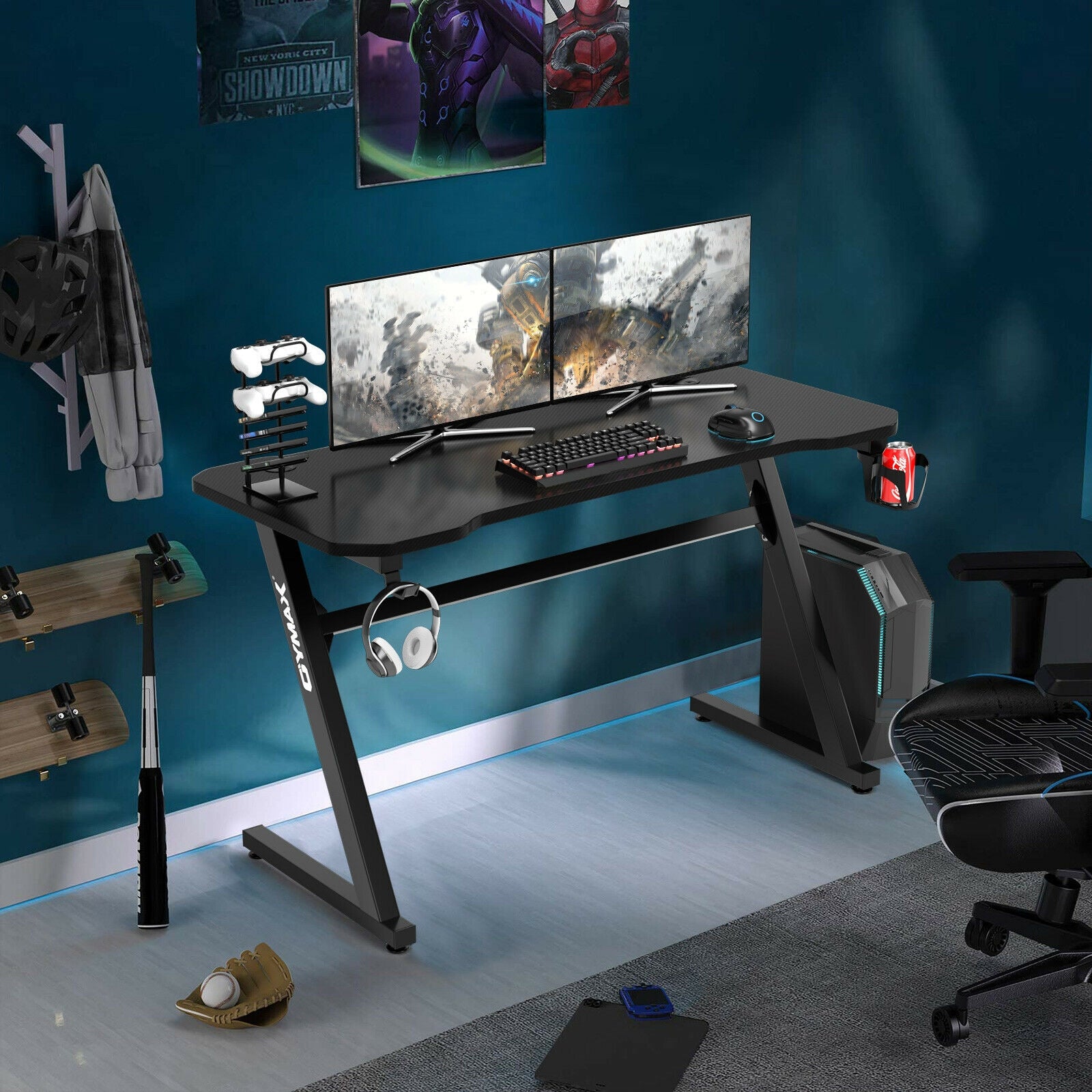 Gaming Desk Z-Shaped Computer Office Table with Gaming Handle Rack