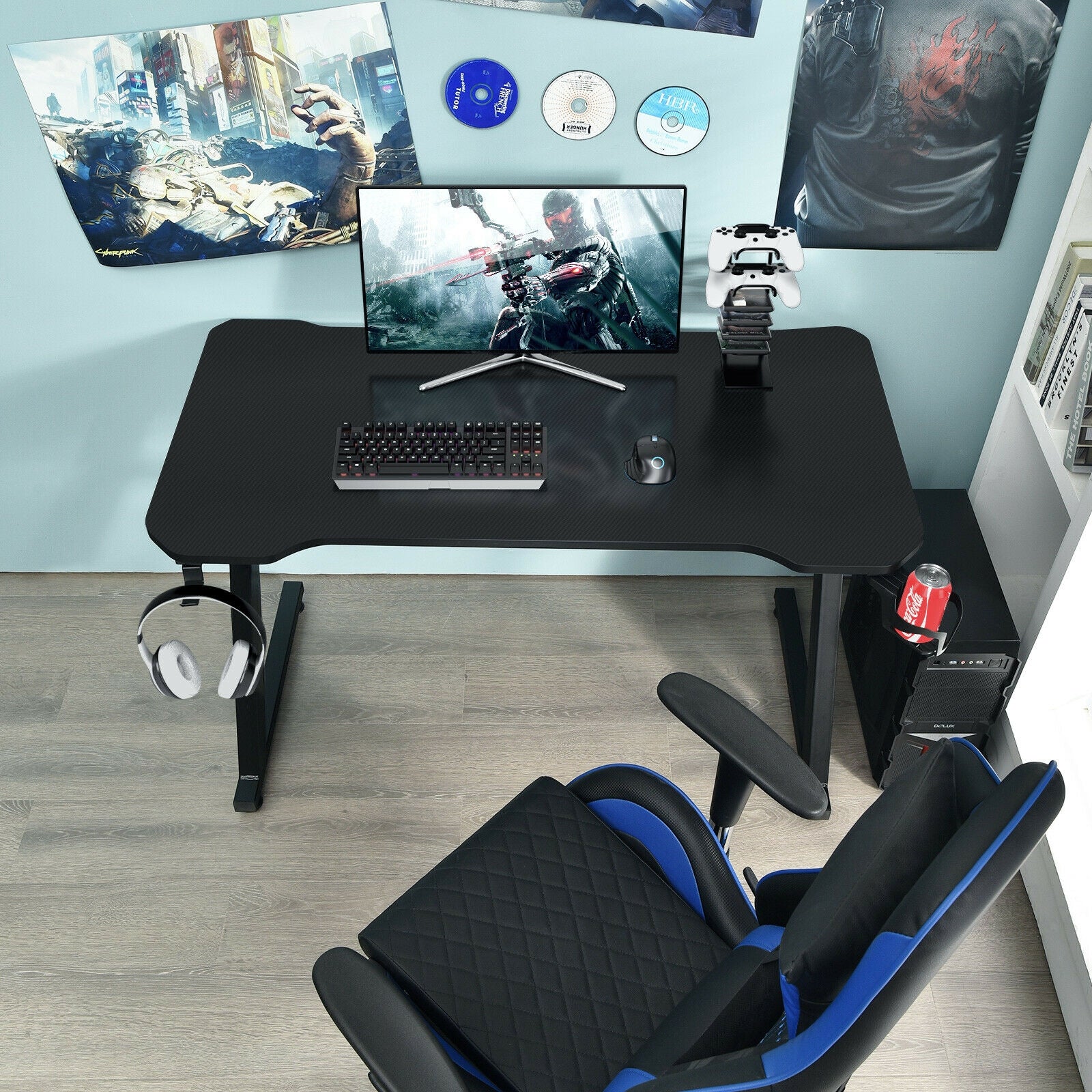 Gaming Desk Z-Shaped Computer Office Table with Gaming Handle Rack