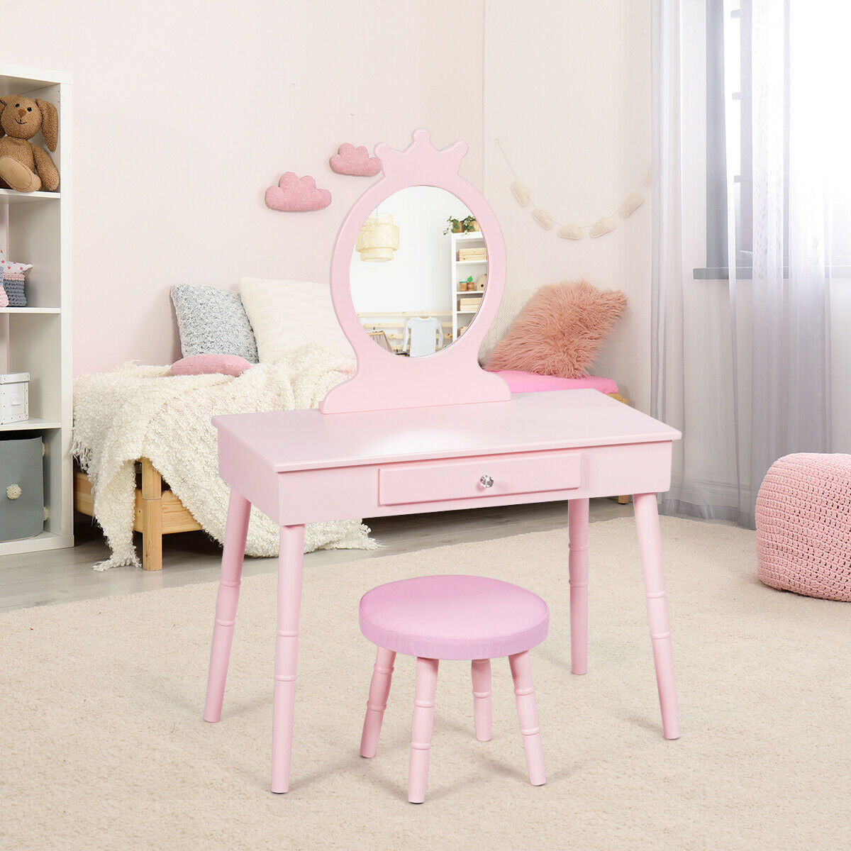 Kids Vanity Makeup Table and Chair Set Make Up StoolÂ 