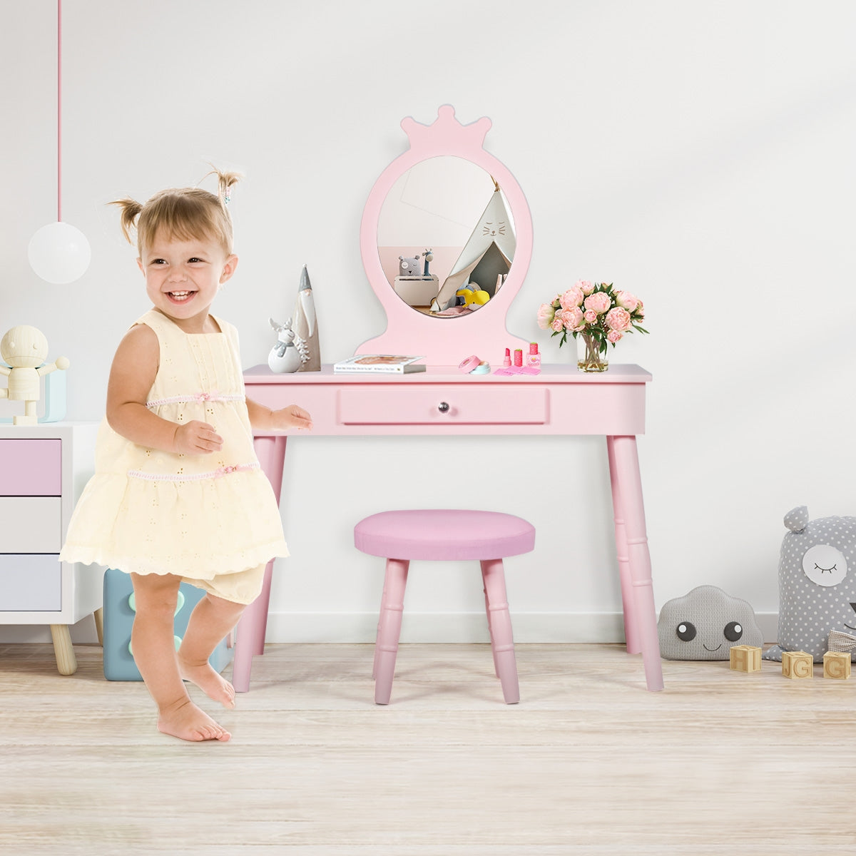 Kids Vanity Makeup Table and Chair Set Make Up Stool