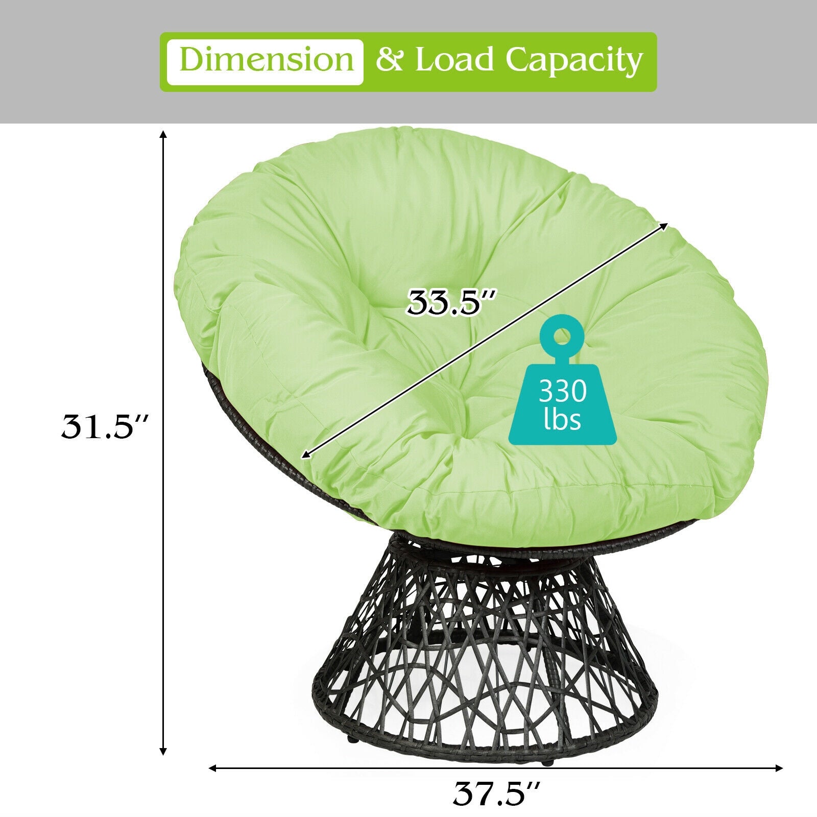 Rattan Papasan Chair Ergonomic 360-degree Swivel Soft Cushion Garden-Green