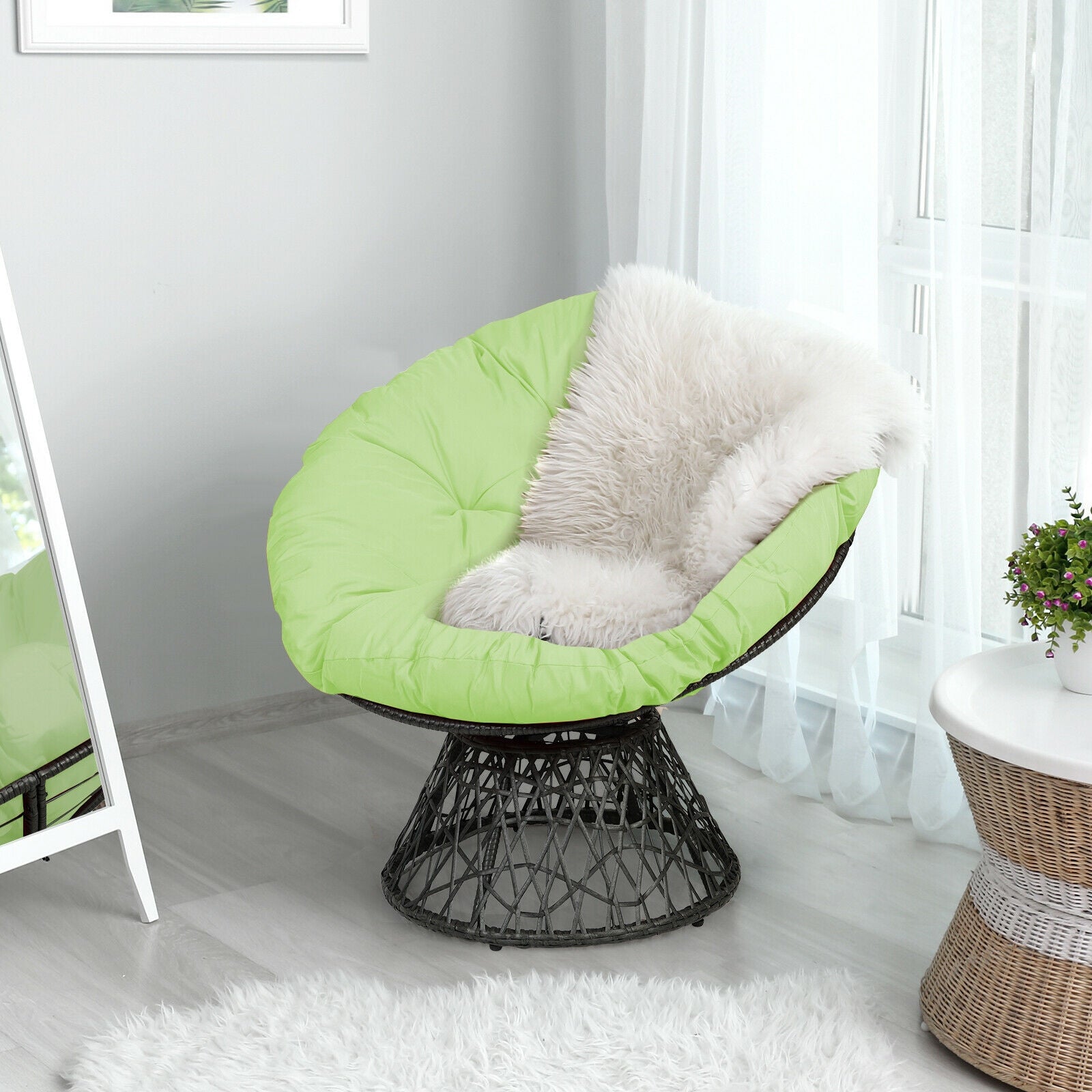 Rattan Papasan Chair Ergonomic 360-degree Swivel Soft Cushion Garden-Green