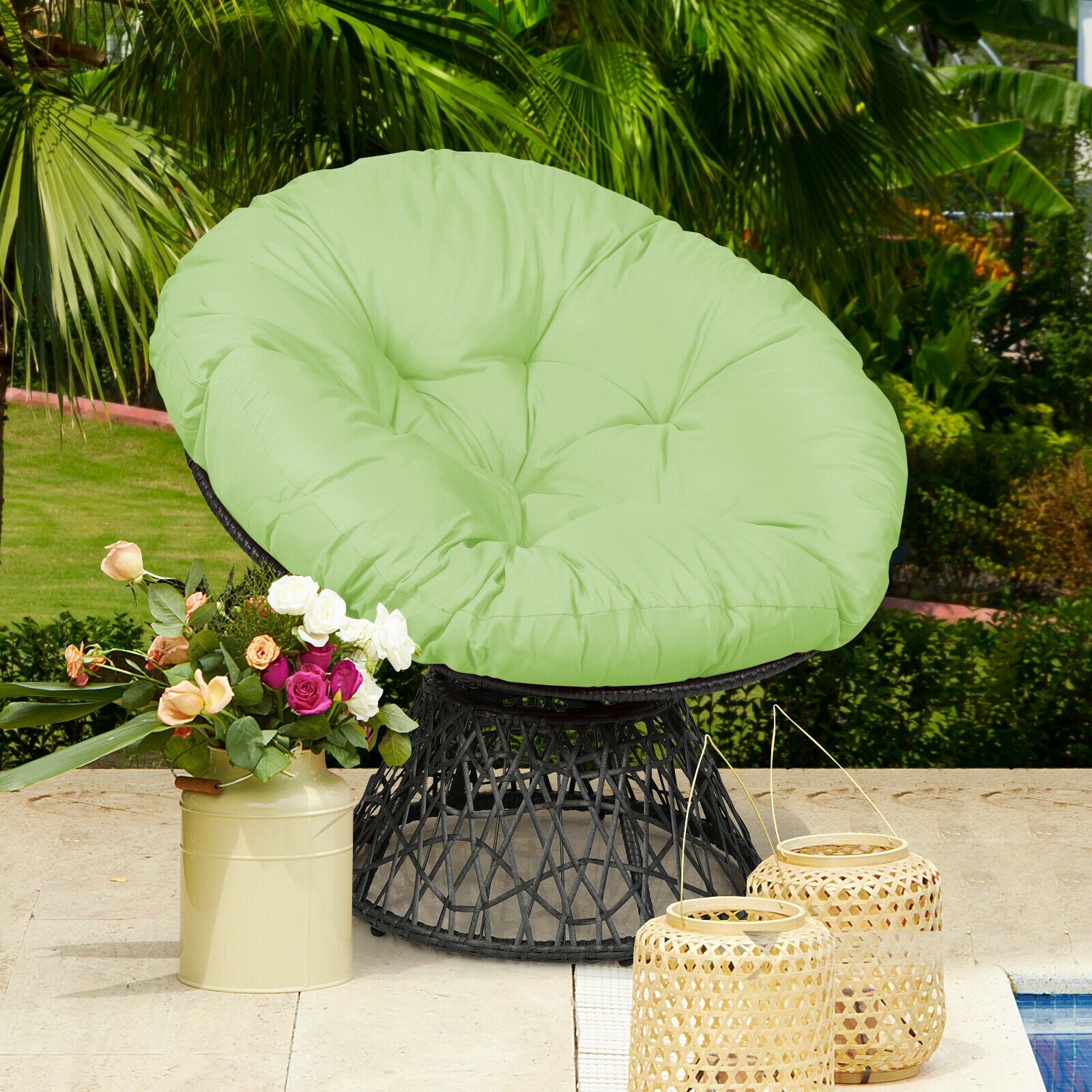 Rattan Papasan Chair Ergonomic 360-degree Swivel Soft Cushion Garden-Green