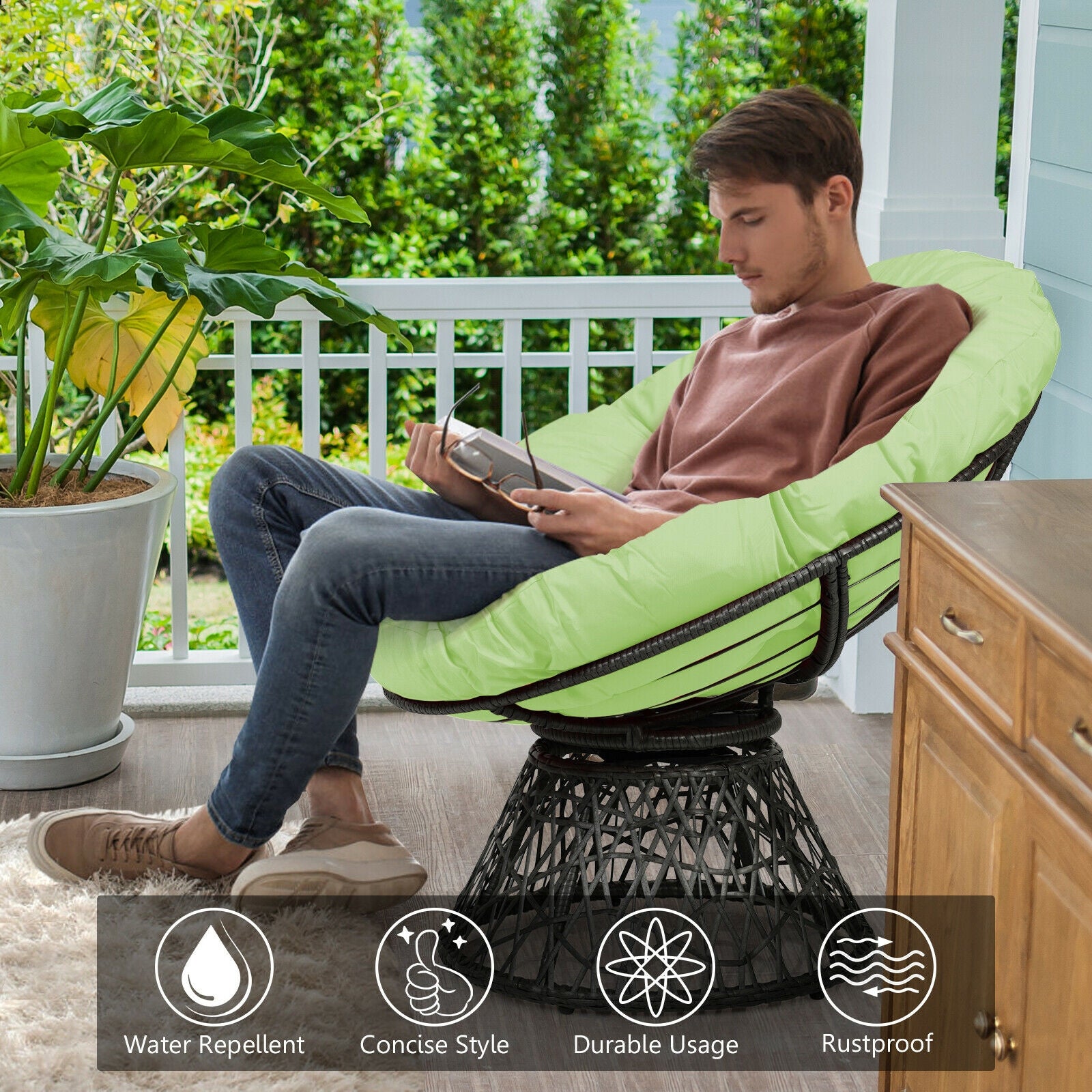 Rattan Papasan Chair Ergonomic 360-degree Swivel Soft Cushion Garden-Green