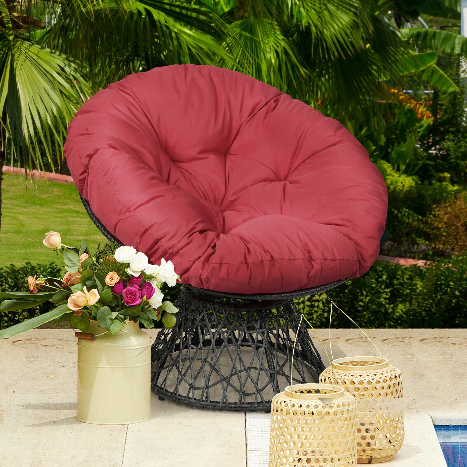 Rattan Papasan Chair Ergonomic 360-degree Swivel Soft Cushion Garden-Dark Red