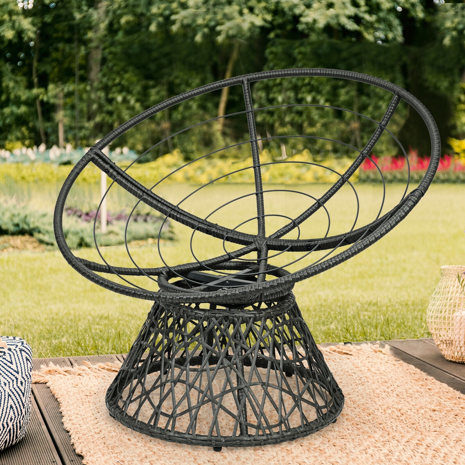 Rattan Papasan Chair Ergonomic 360-degree Swivel Soft Cushion Garden-Black