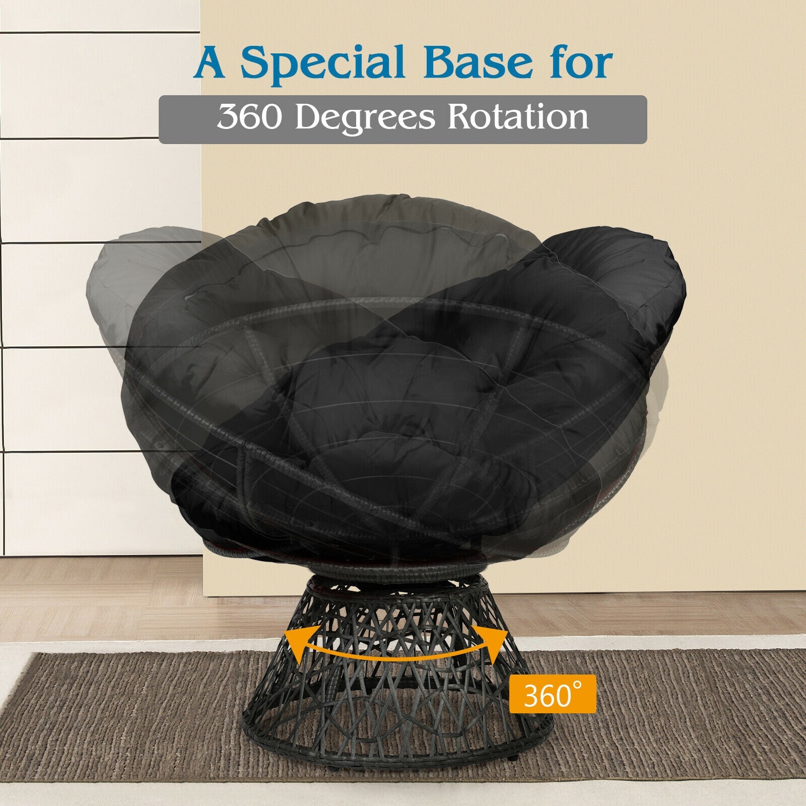 Rattan Papasan Chair Ergonomic 360-degree Swivel Soft Cushion Garden-Black