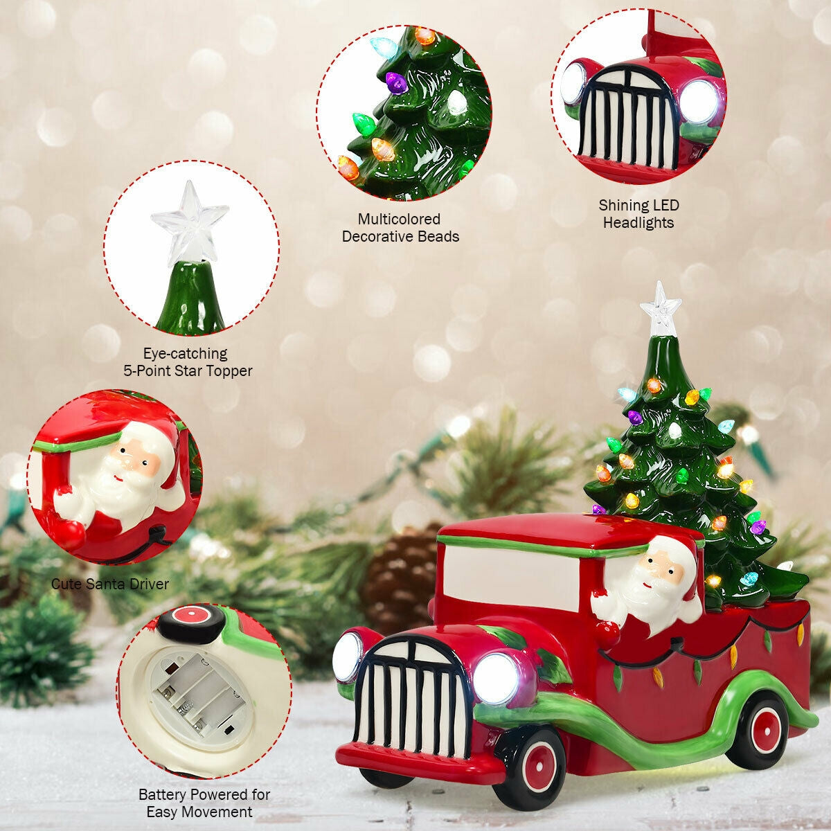 Pre-Lit Vintage Tabletop Ceramic Christmas Tree Truck with Battery