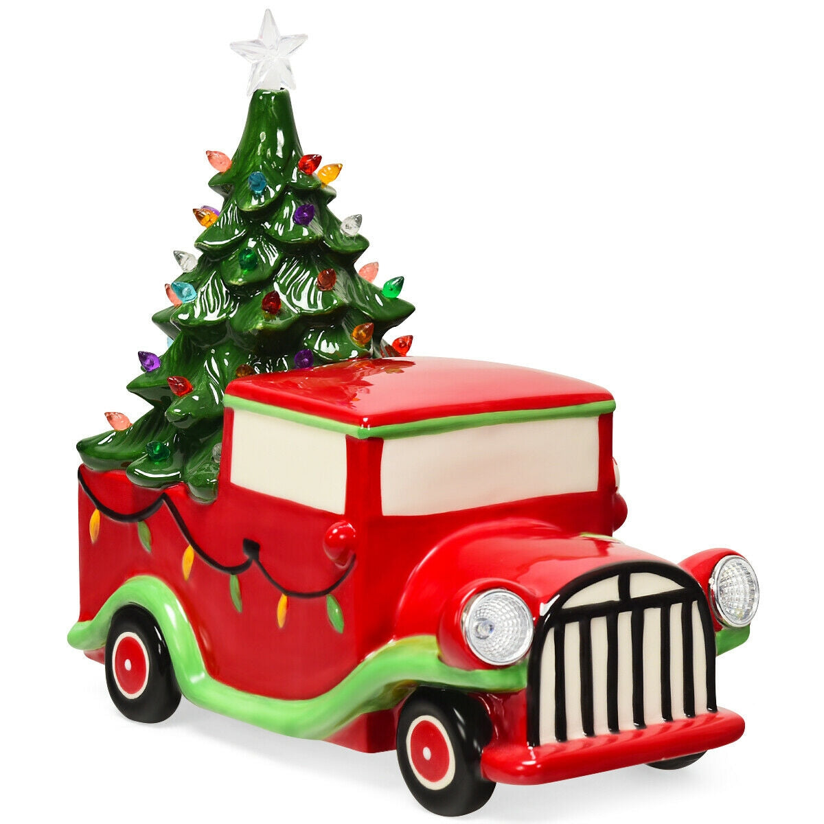 Pre-Lit Vintage Tabletop Ceramic Christmas Tree Truck with Battery