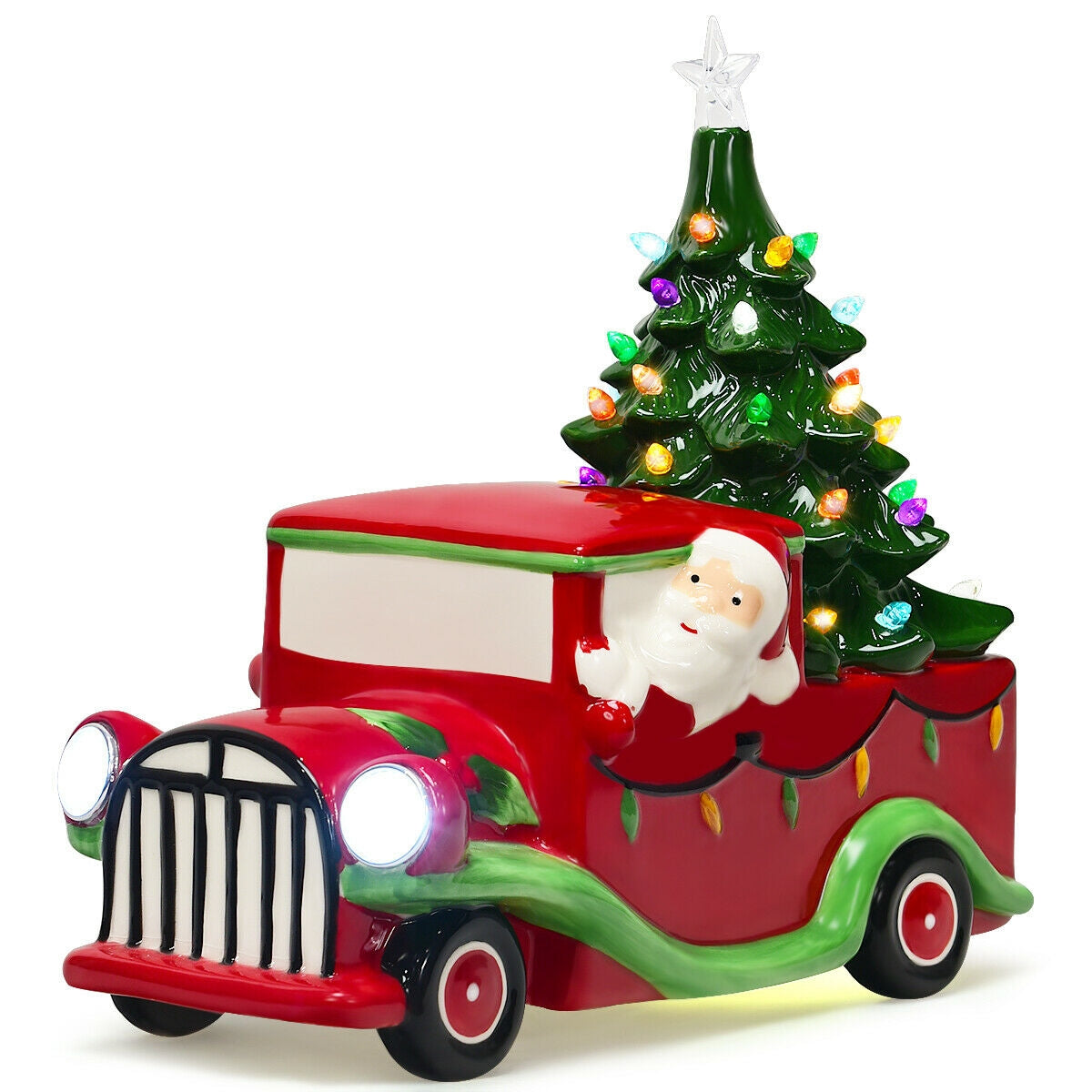 Pre-Lit Vintage Tabletop Ceramic Christmas Tree Truck with Battery