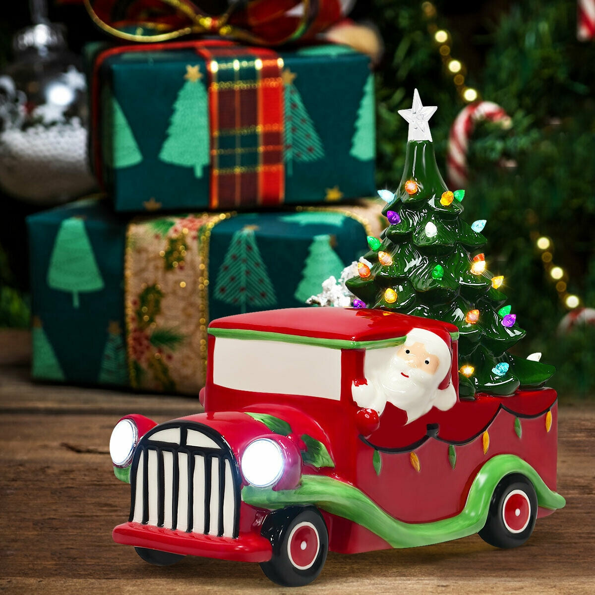 Pre-Lit Vintage Tabletop Ceramic Christmas Tree Truck with Battery