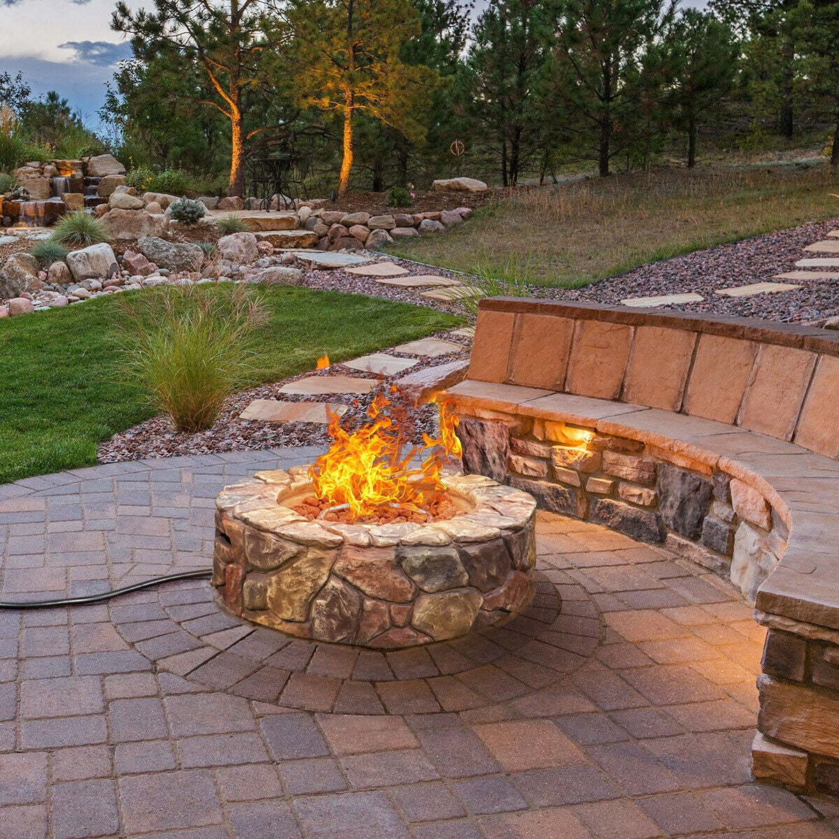 28 Inch Propane Gas Fire Pit Outdoor 40 000 BTU Stone-Brown