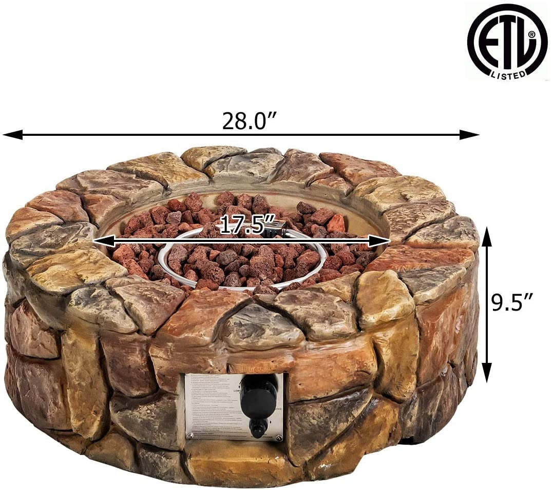 28 Inch Propane Gas Fire Pit Outdoor 40 000 BTU Stone-Brown