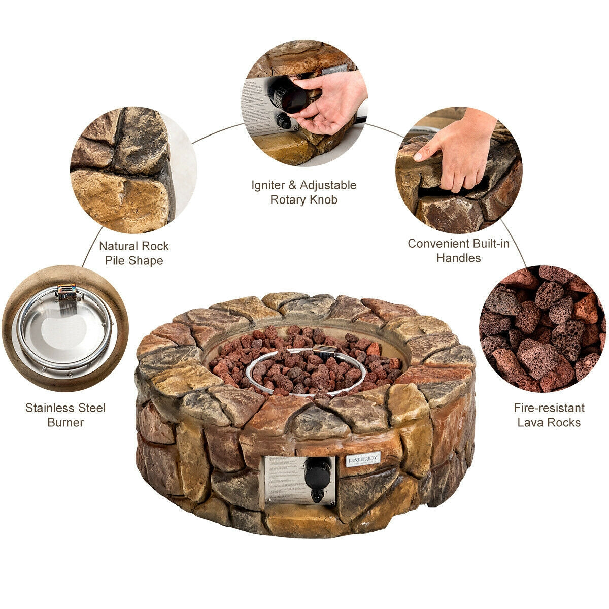 28 Inch Propane Gas Fire Pit Outdoor 40 000 BTU Stone-Brown