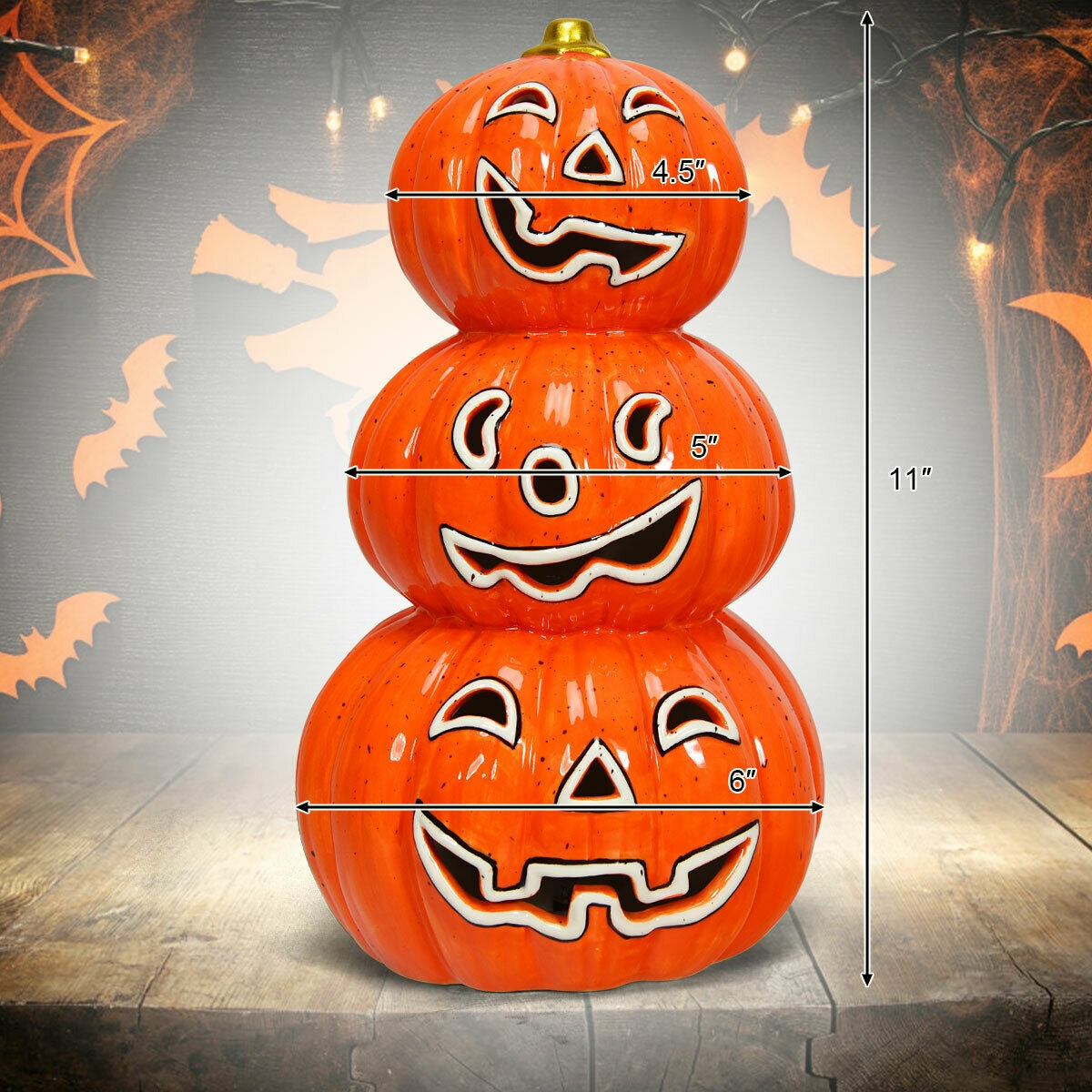 Halloween 3-Tier Color-Changing Lighted Ceramic Pumpkin Lantern