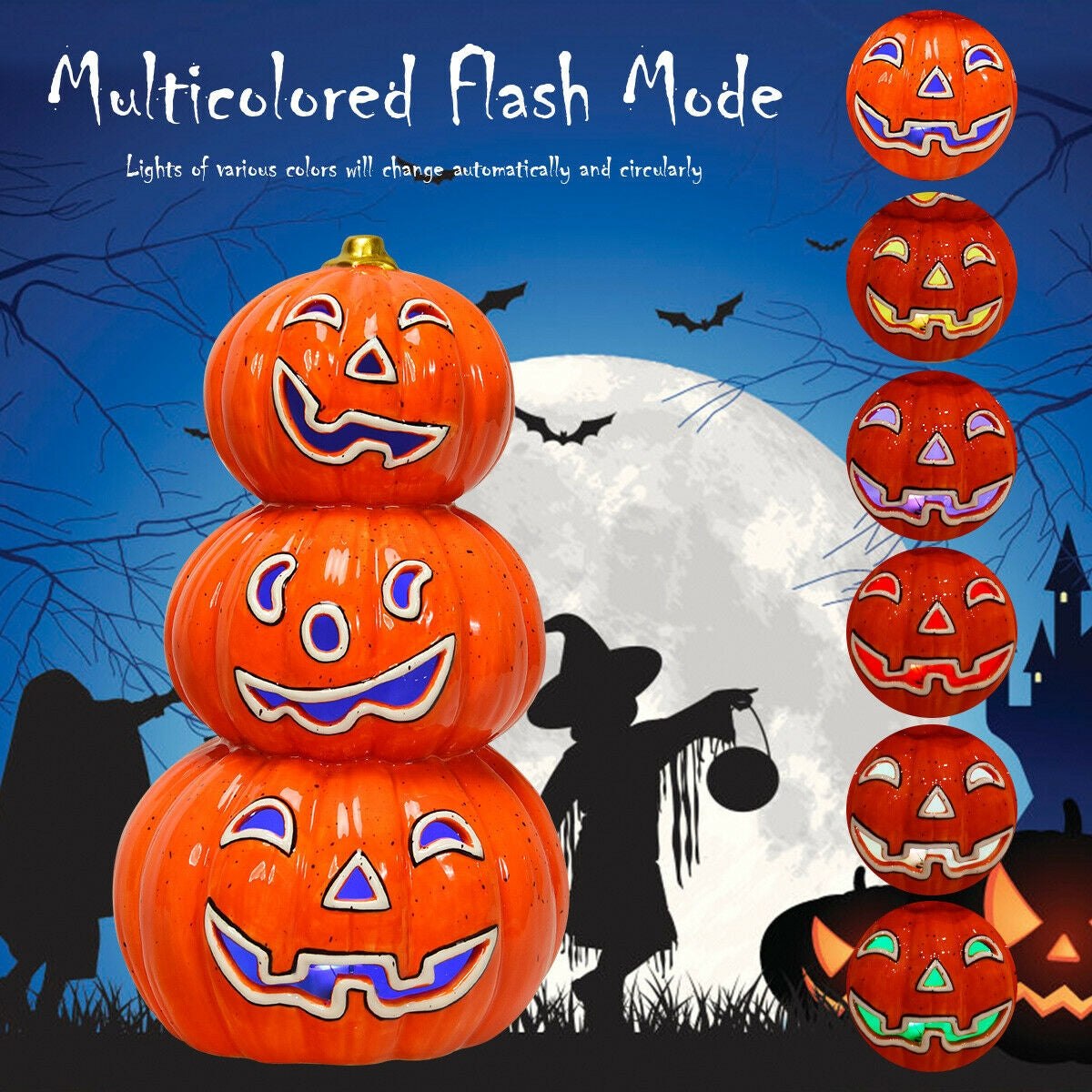 Halloween 3-Tier Color-Changing Lighted Ceramic Pumpkin Lantern