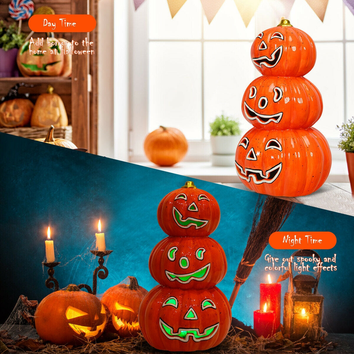 Halloween 3-Tier Color-Changing Lighted Ceramic Pumpkin Lantern