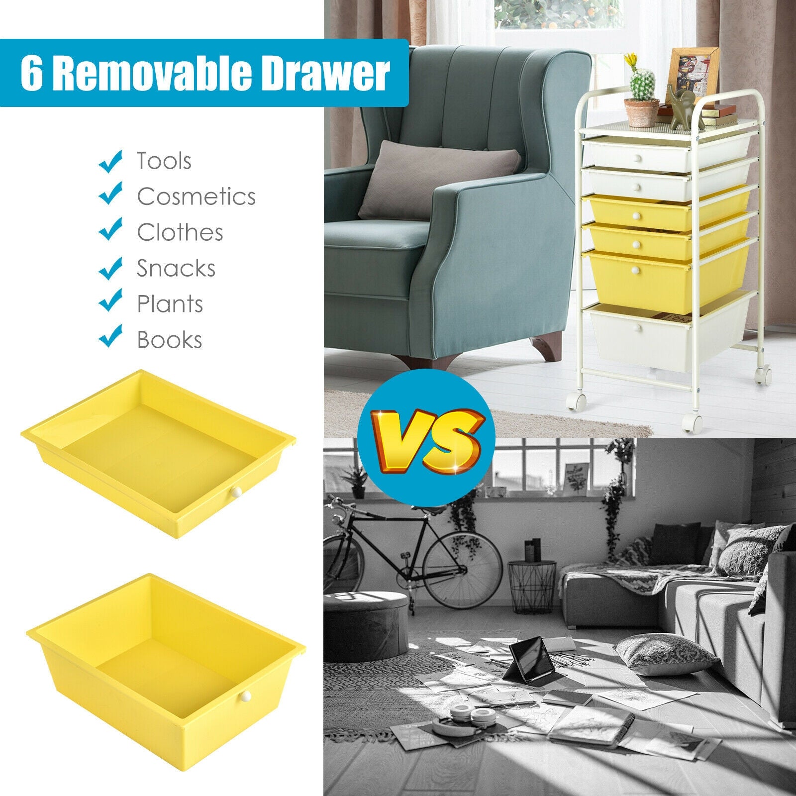 6 Drawers Rolling Storage Cart Organizer-Yellow