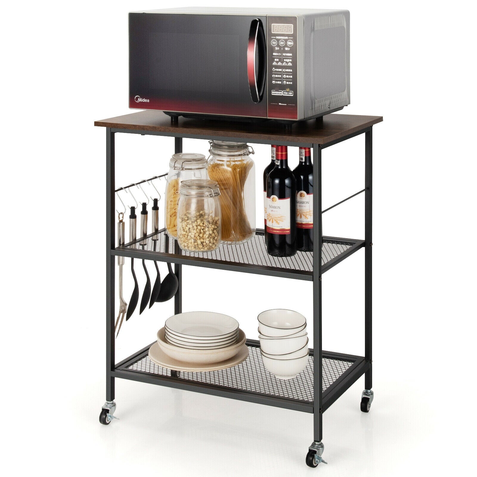 3-Tier Kitchen Serving Cart Utility Standing Microwave Rack with Hooks Brown