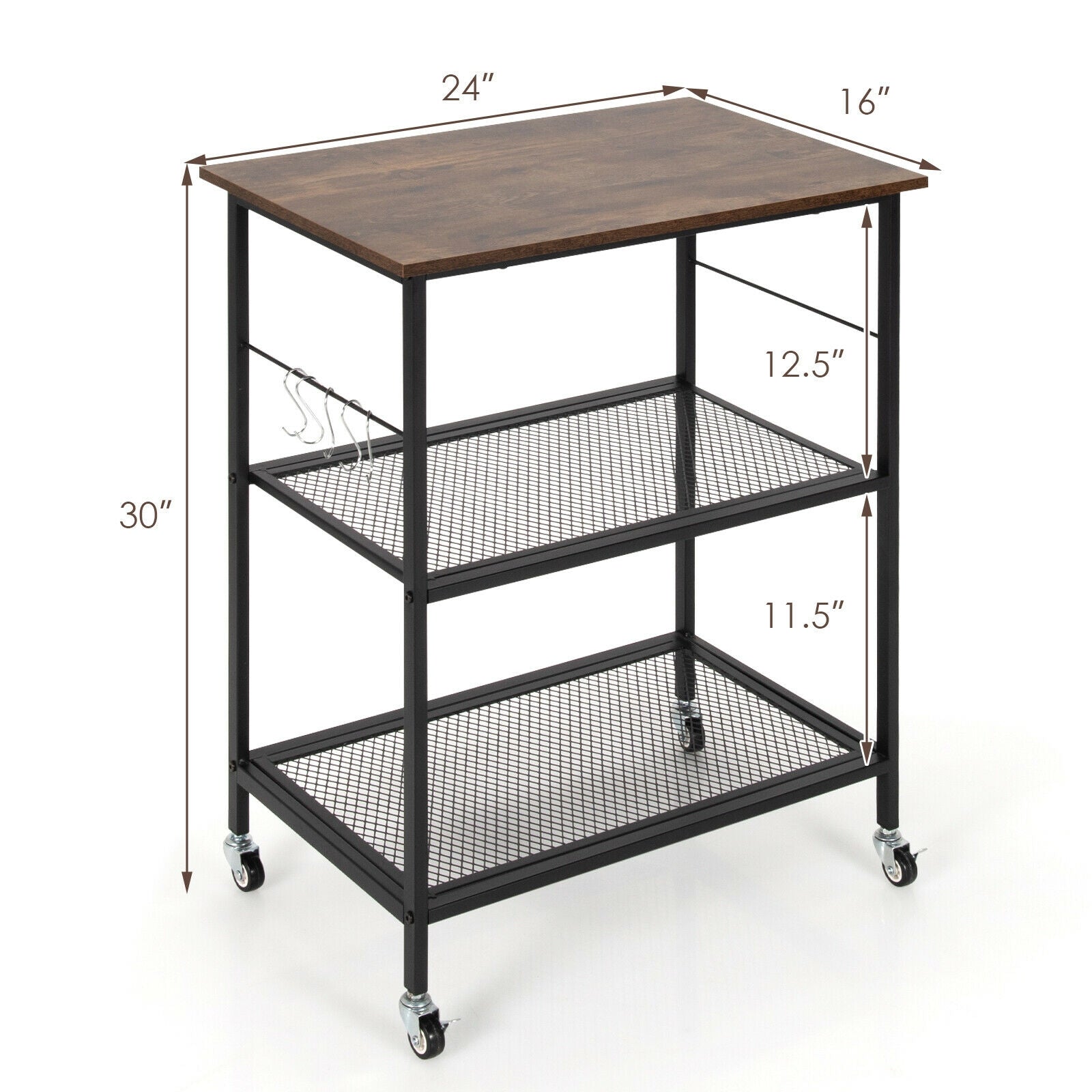 3-Tier Kitchen Serving Cart Utility Standing Microwave Rack with Hooks Brown