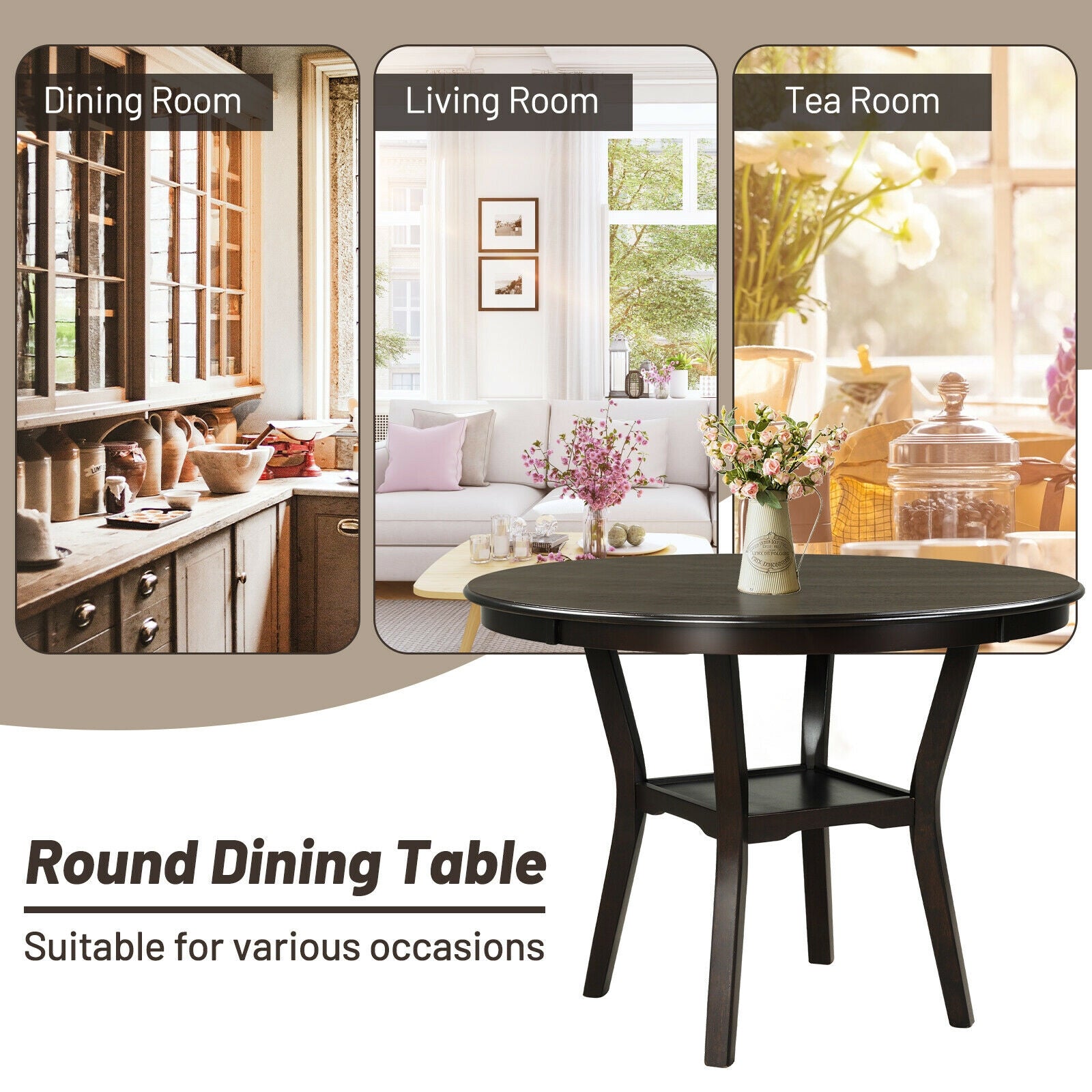 42 Inch 2-Tier Round Dining Table with Storage Shelf