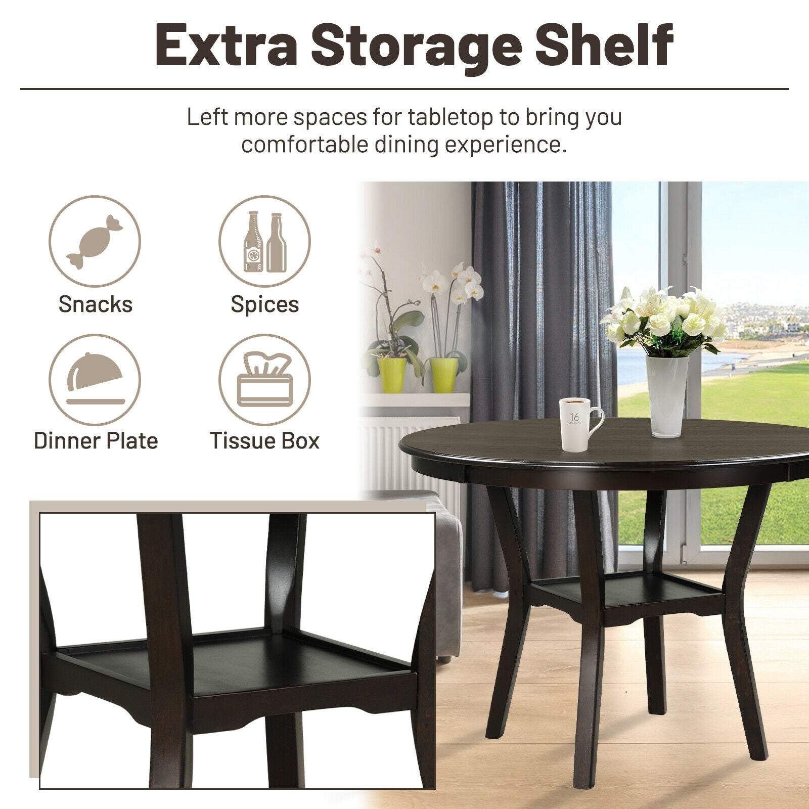 42 Inch 2-Tier Round Dining Table with Storage Shelf