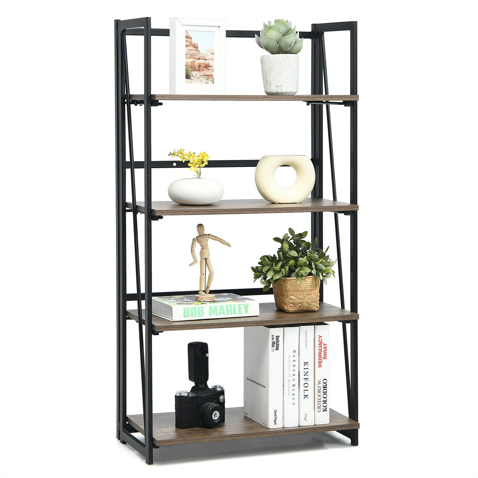 4-Tier Folding Bookshelf No-Assembly Industrial Bookcase Display Shelves