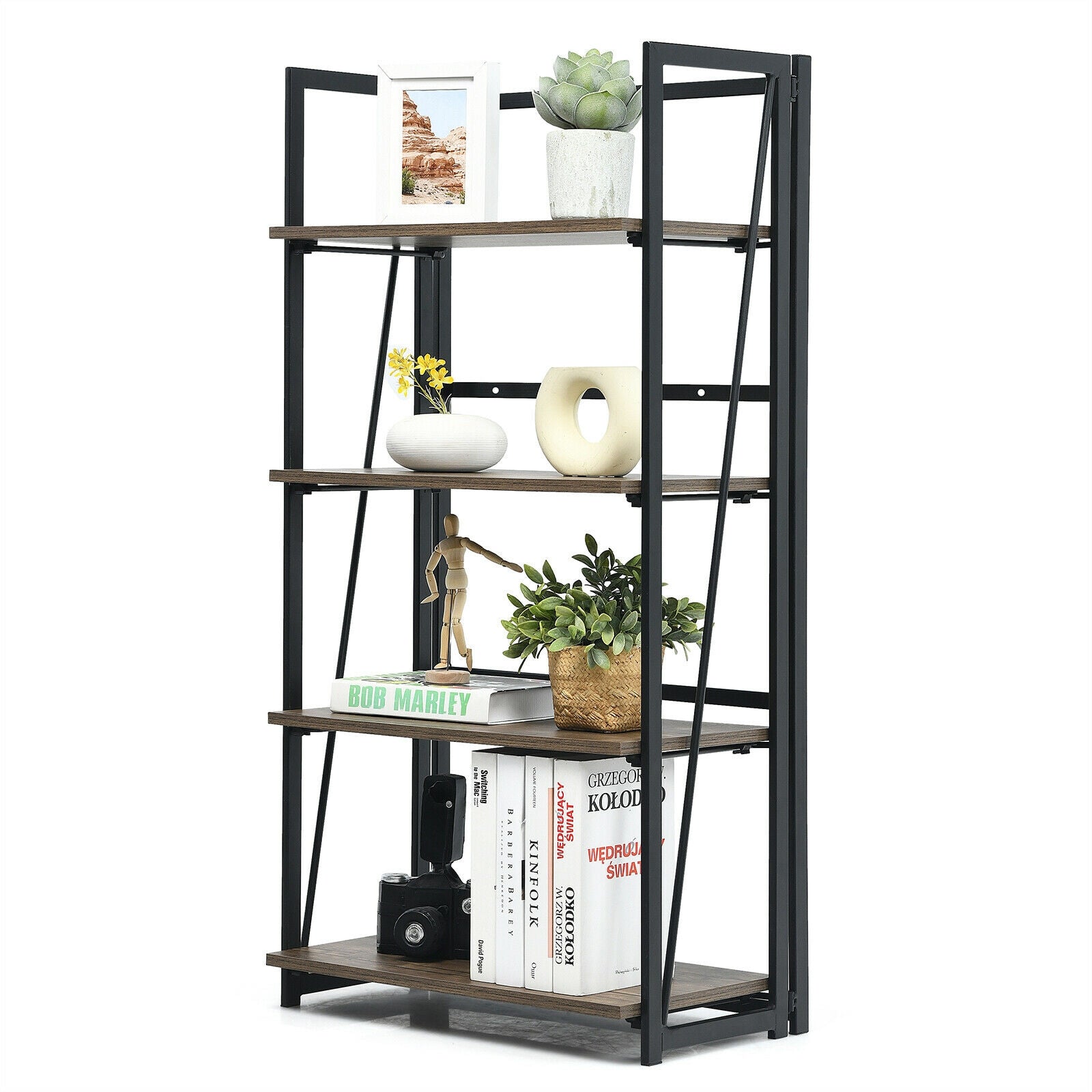 4-Tier Folding Bookshelf No-Assembly Industrial Bookcase Display Shelves