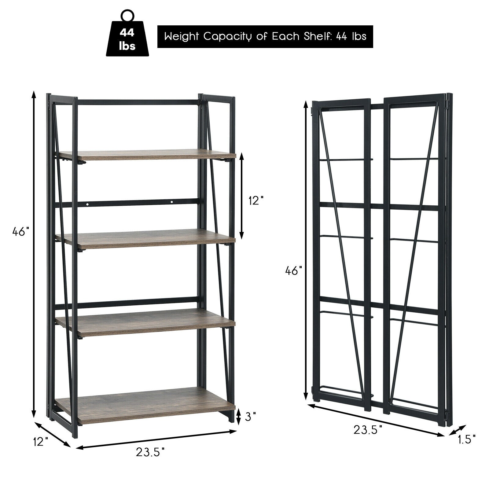 4-Tier Folding Bookshelf No-Assembly Industrial Bookcase Display Shelves