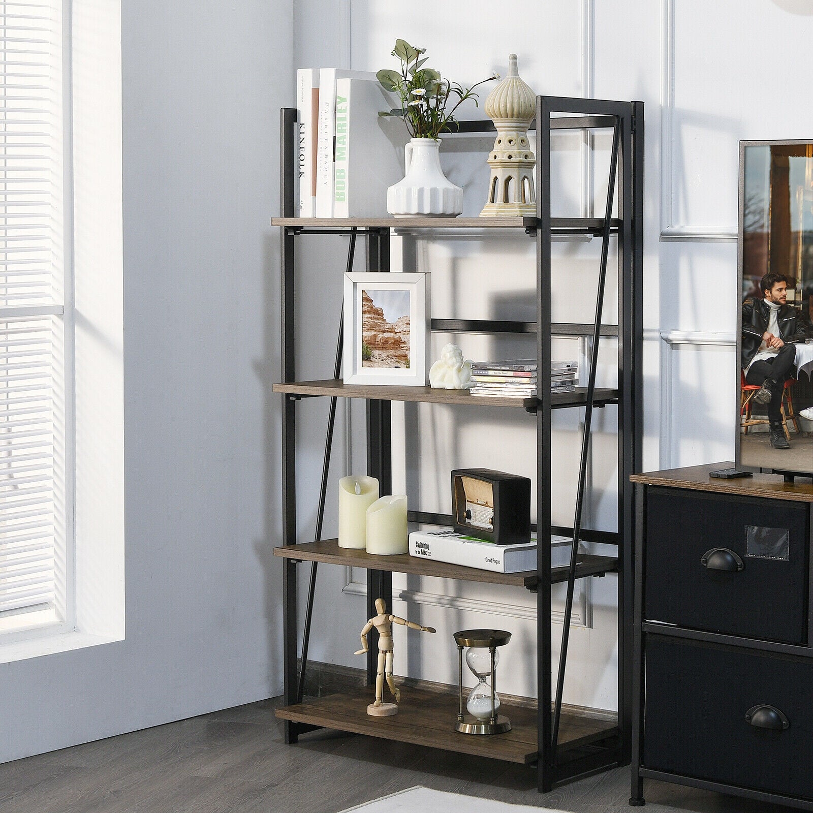 4-Tier Folding Bookshelf No-Assembly Industrial Bookcase Display Shelves