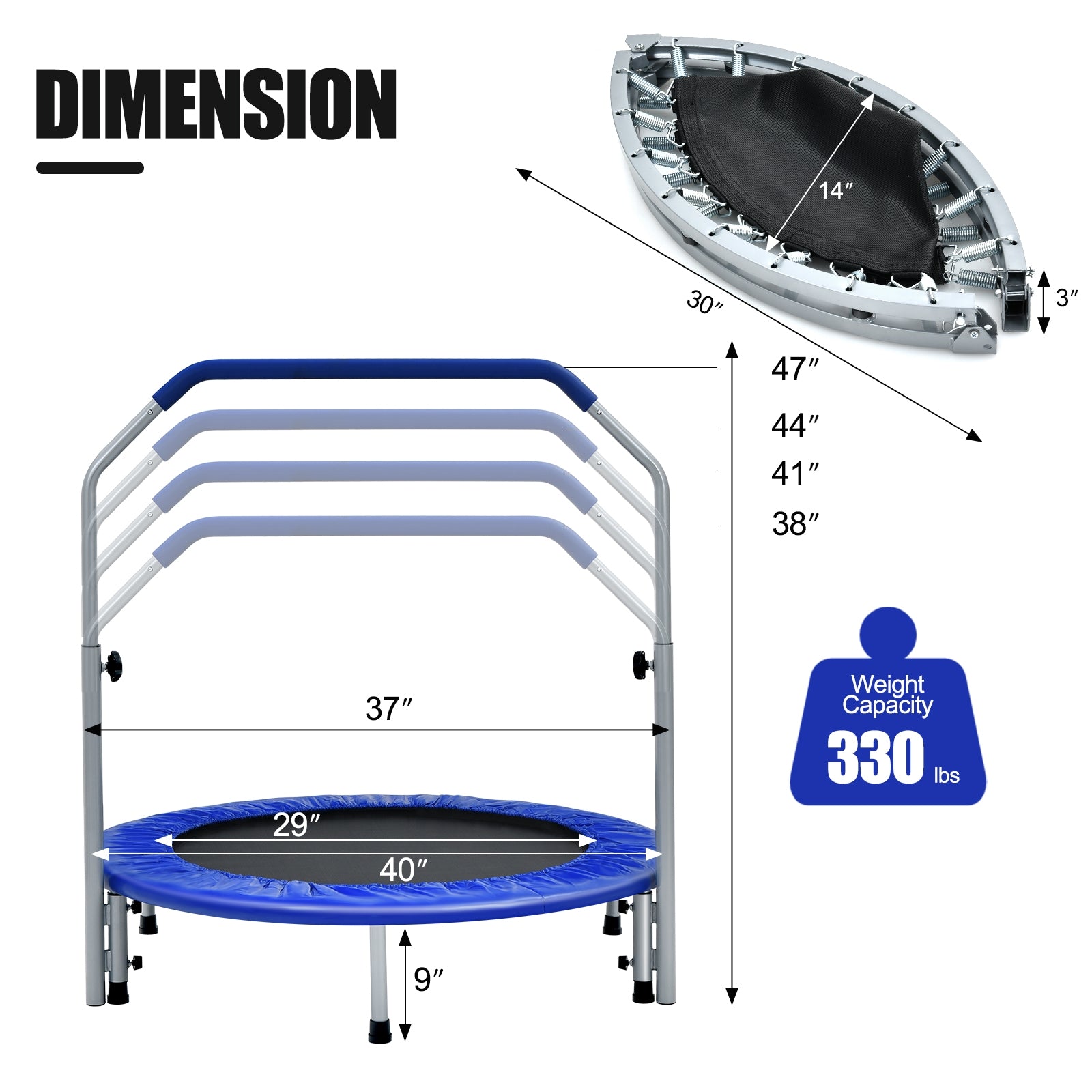 40 Inch Folding Exercise Trampoline Rebounder with 4-Level Handrail Carrying Bag-Blue