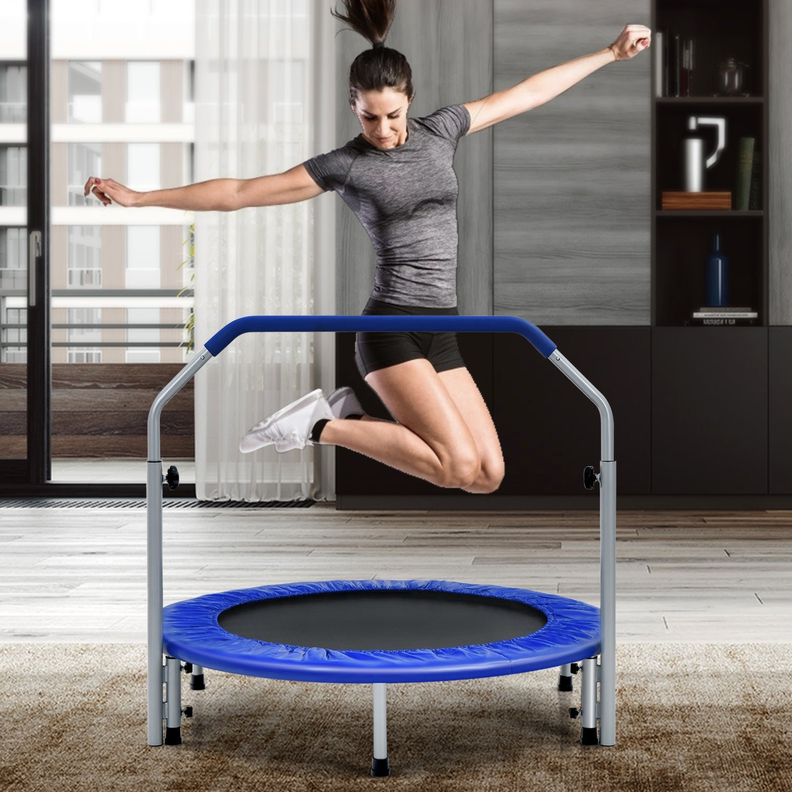 40 Inch Folding Exercise Trampoline Rebounder with 4-Level Handrail Carrying Bag-Blue