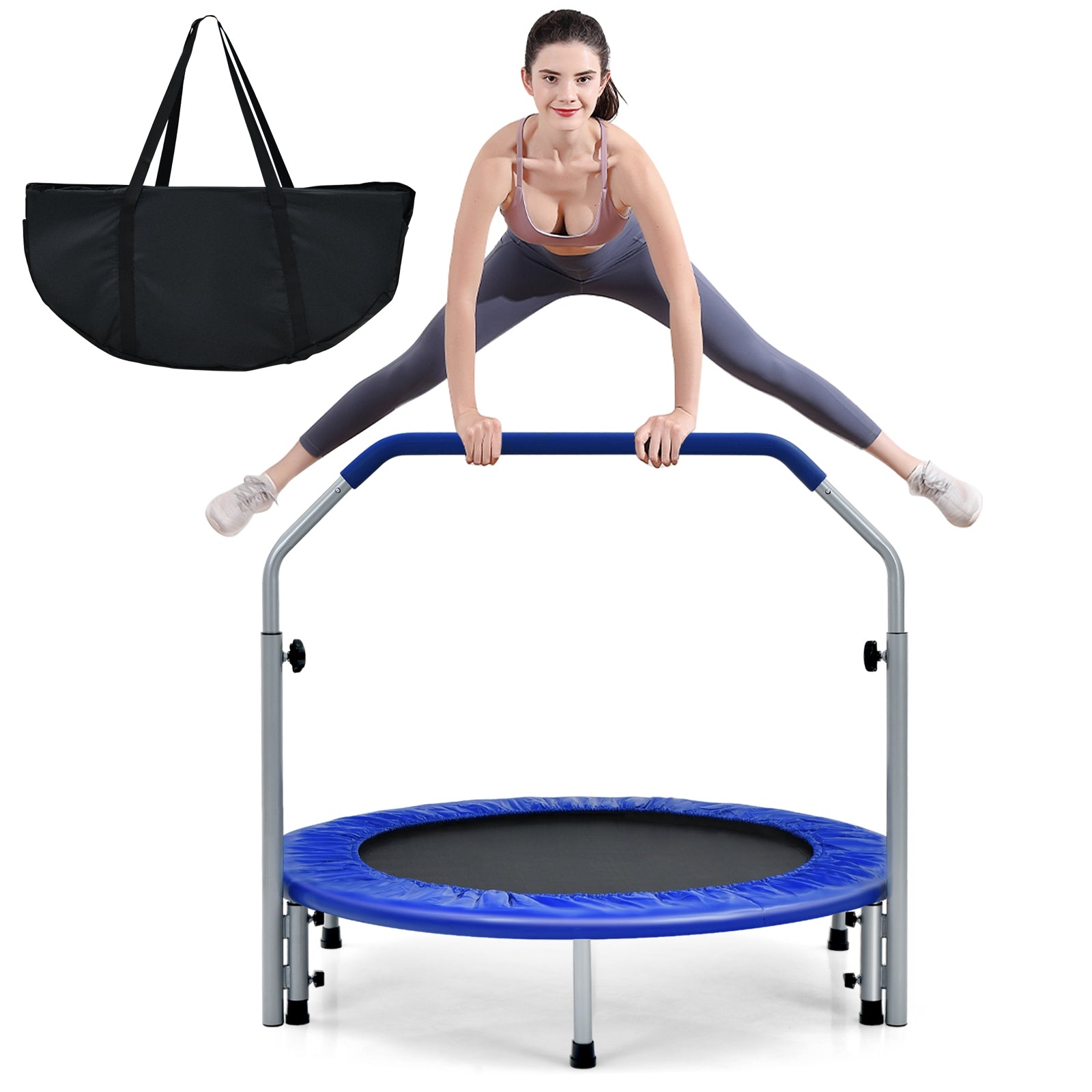 40 Inch Folding Exercise Trampoline Rebounder with 4-Level Handrail Carrying Bag-Blue