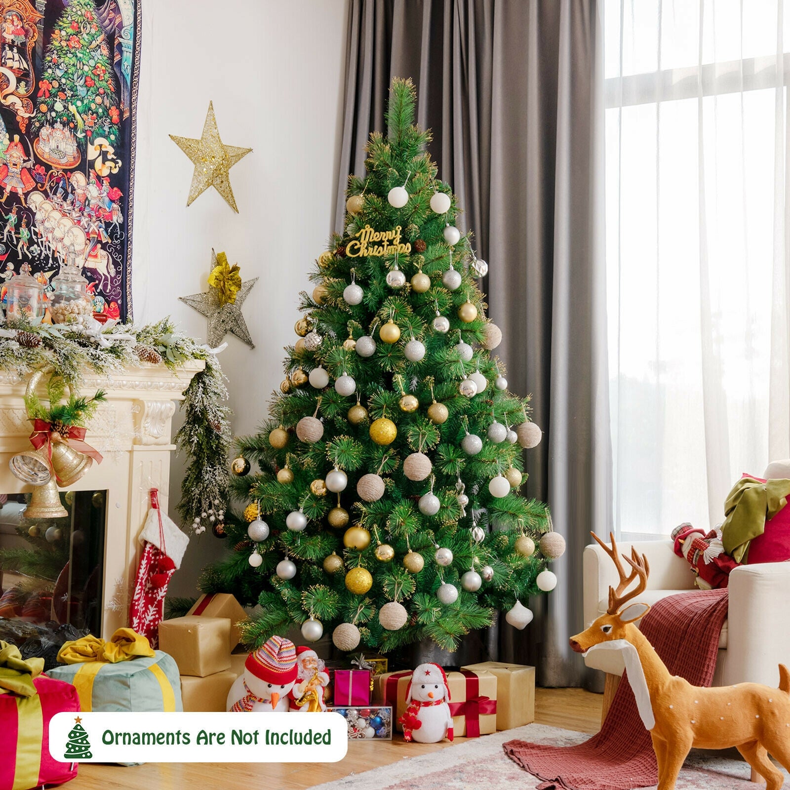 Pre-lit Hinged Christmas Tree with Glitter Tips and Pine Cones