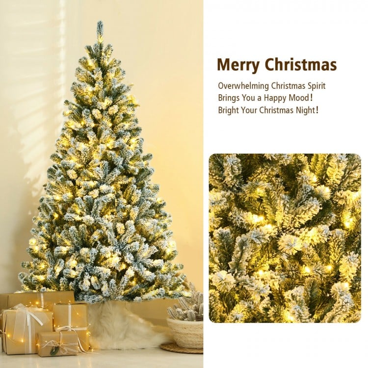 6 Feet Pre-lit Snow Flocked Hinged Christmas Tree with 928 Tips and Metal Stand-6 ft