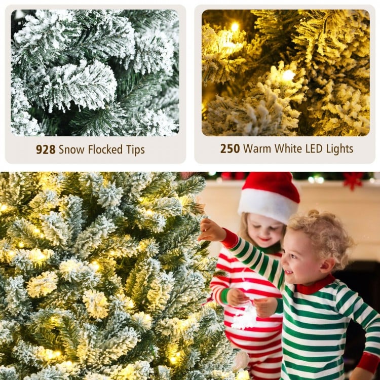 6 Feet Pre-lit Snow Flocked Hinged Christmas Tree with 928 Tips and Metal Stand-6 ft