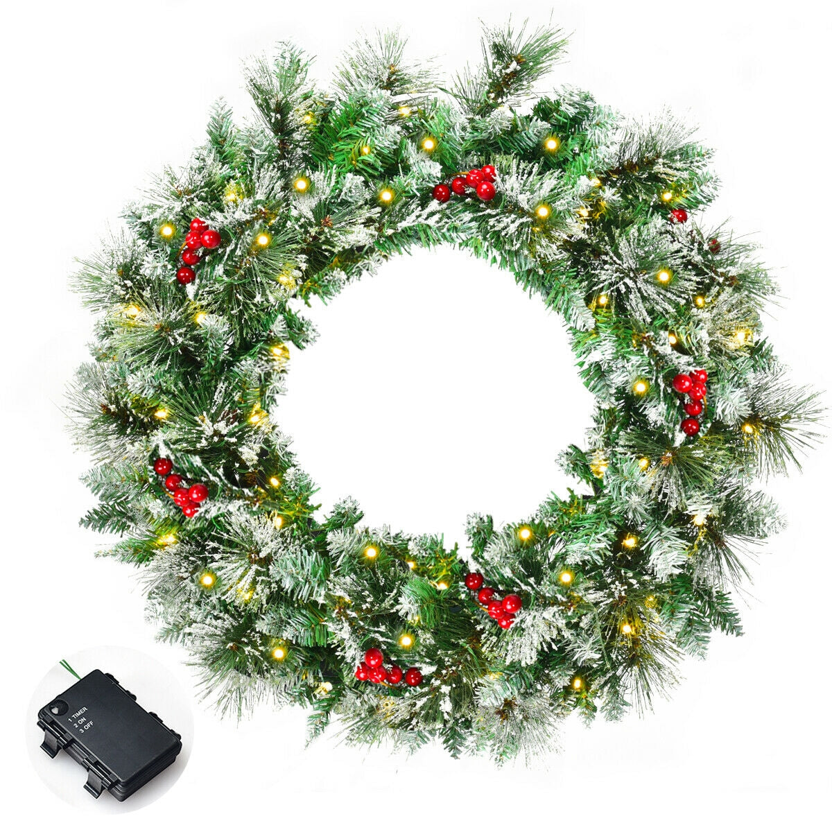 24-Inch Pre-lit Flocked Christmas Spruce Wreath with LED Lights