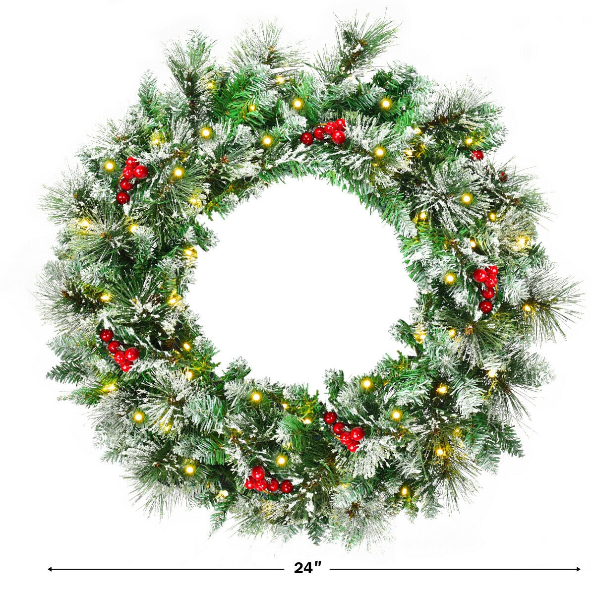 24-Inch Pre-lit Flocked Christmas Spruce Wreath with LED Lights